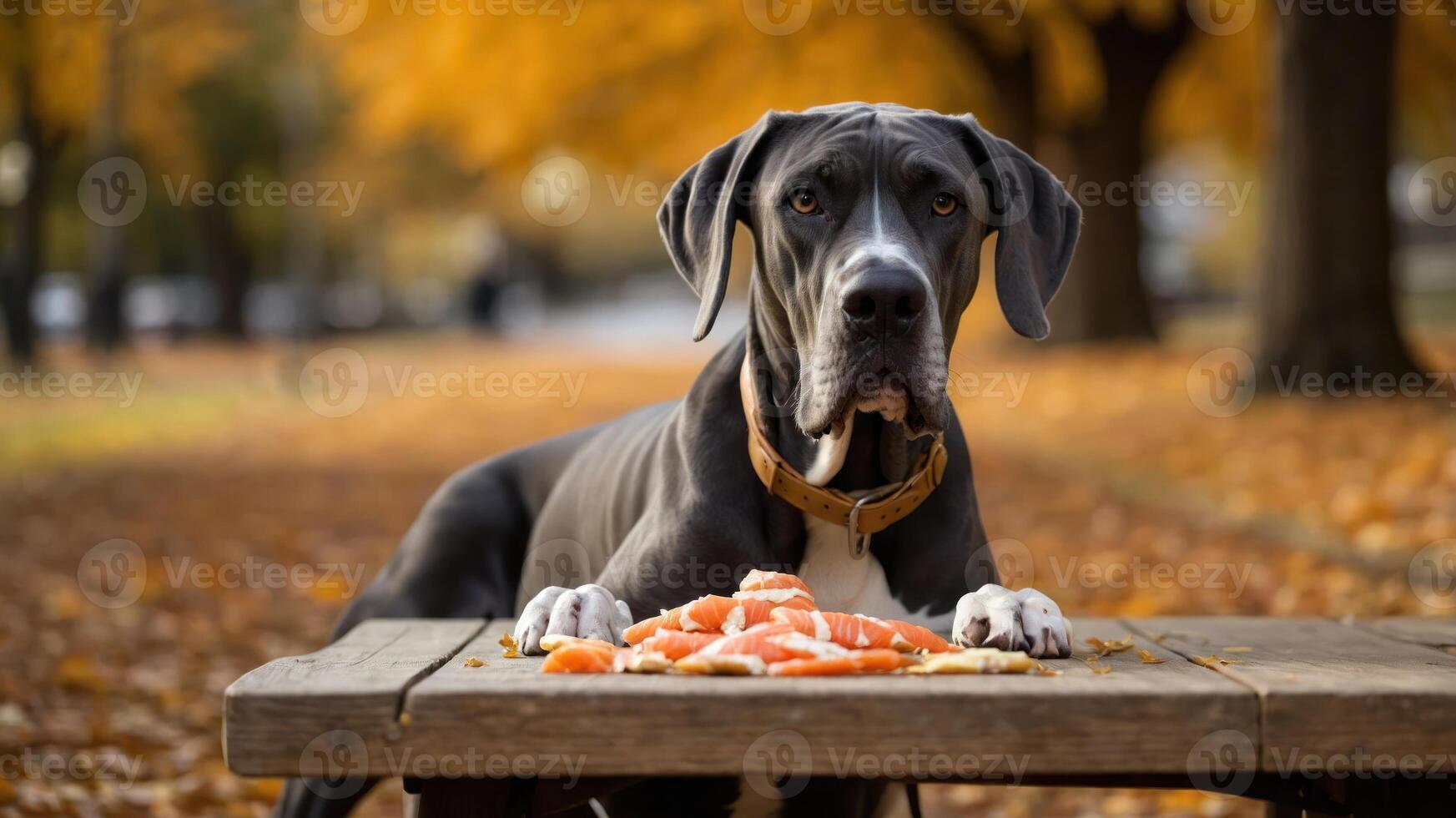 A Great Dane sitting at a table with a pile of carrots in a park during autumn. photo