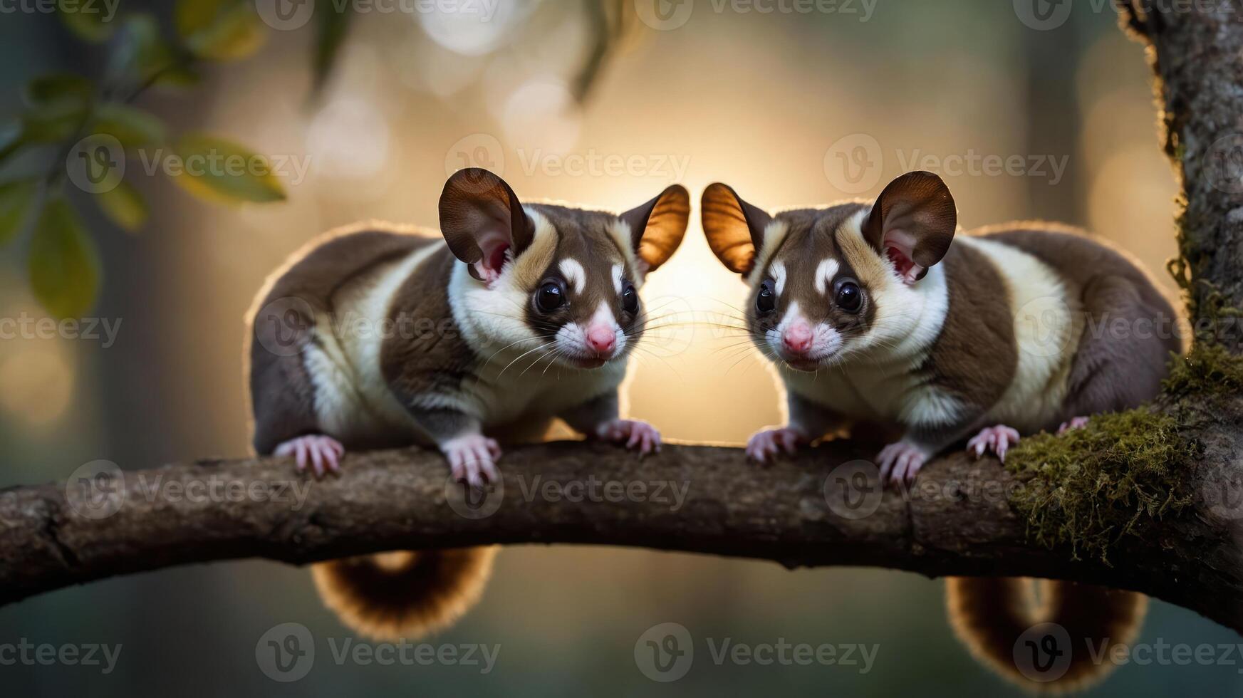 Two sugar gliders perched on a branch, illuminated by soft sunlight in a forest setting. photo