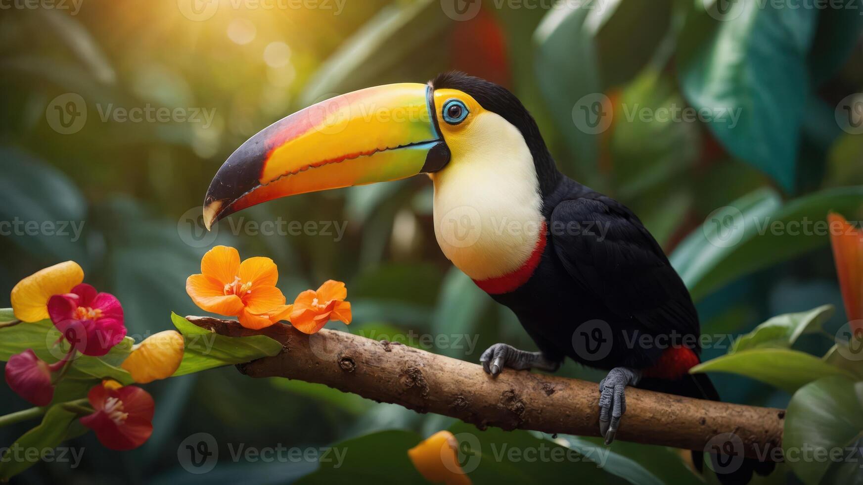 A colorful toucan perched on a branch amidst vibrant flowers in a lush tropical setting. photo