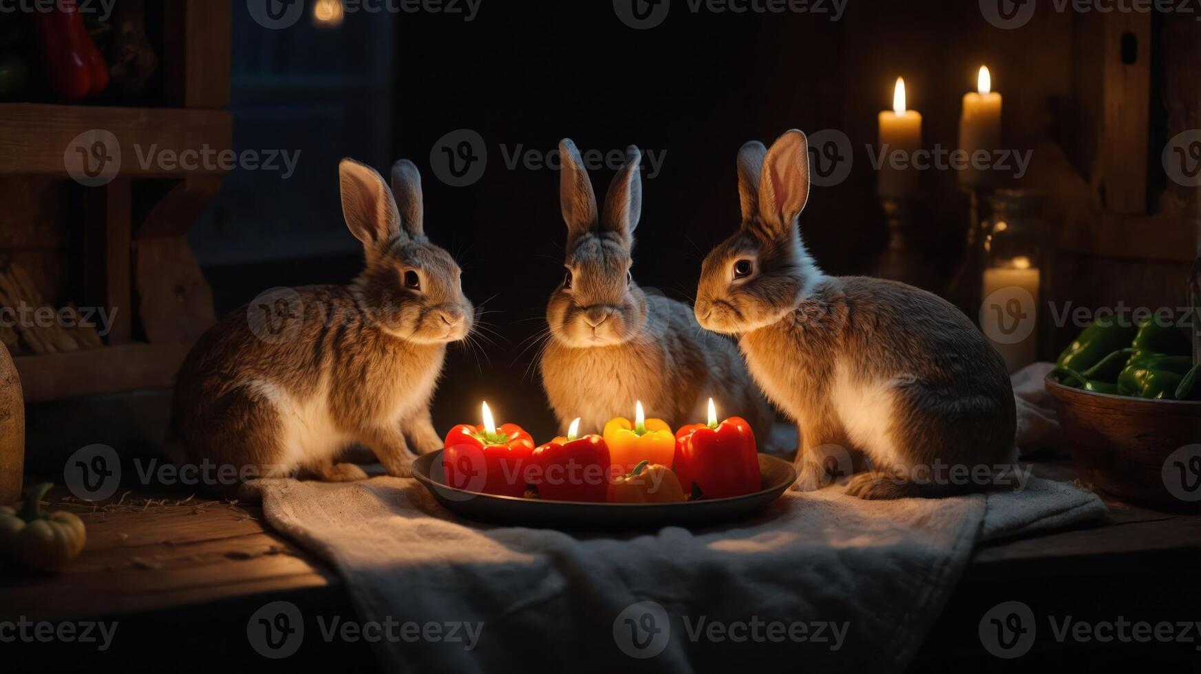 Three rabbits gathered around colorful candles in a cozy, dimly-lit setting. photo