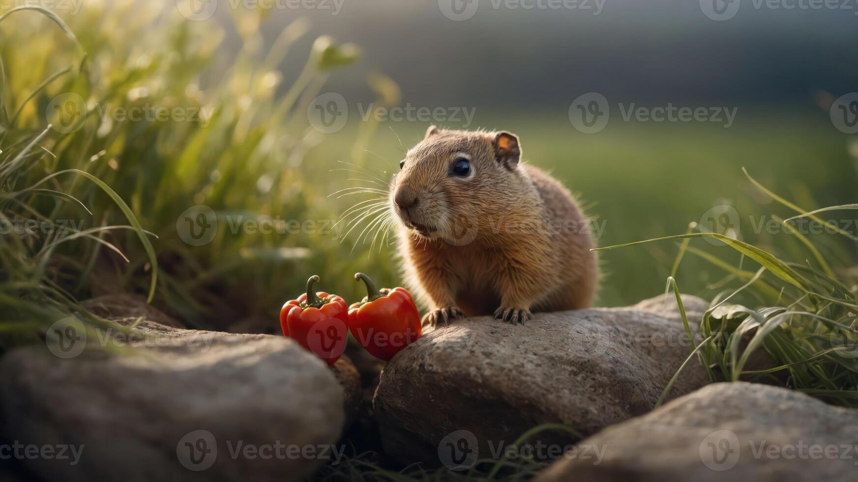 A small animal beside two red peppers on stones in a natural setting. photo