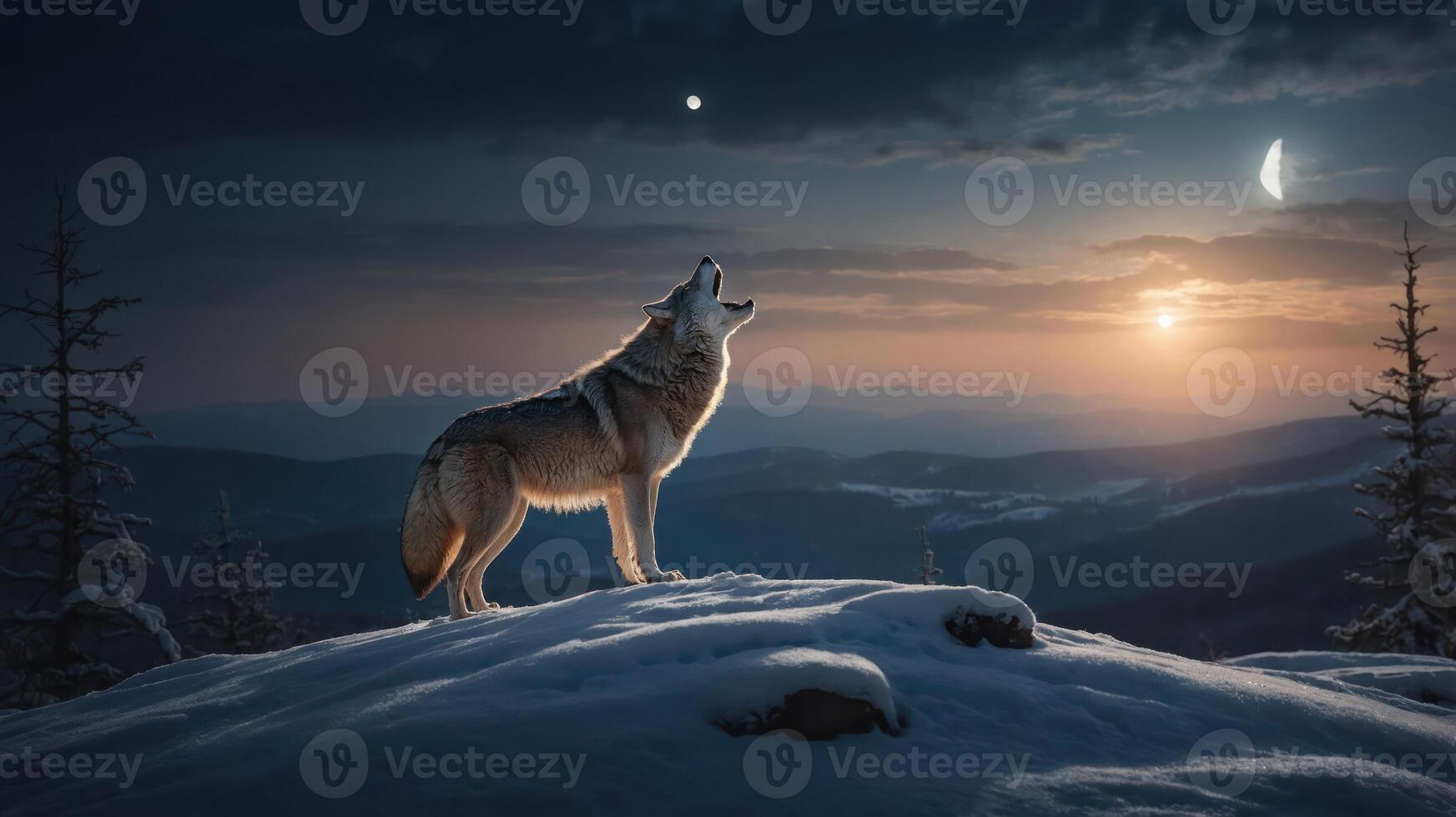 A wolf howls under a twilight sky with a crescent moon and a distant sunset. photo