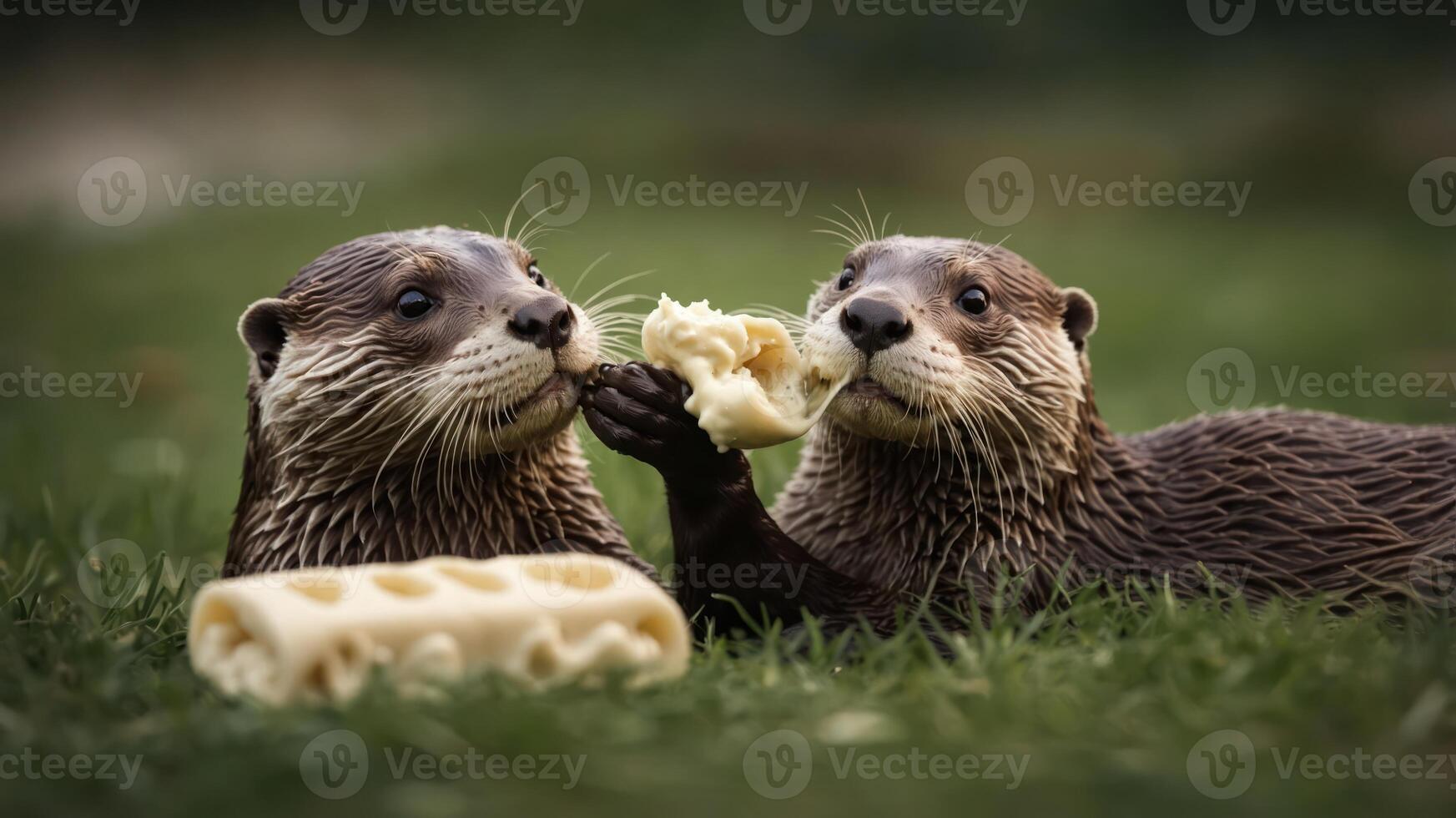 Two otters playfully sharing a piece of food in a grassy setting. photo