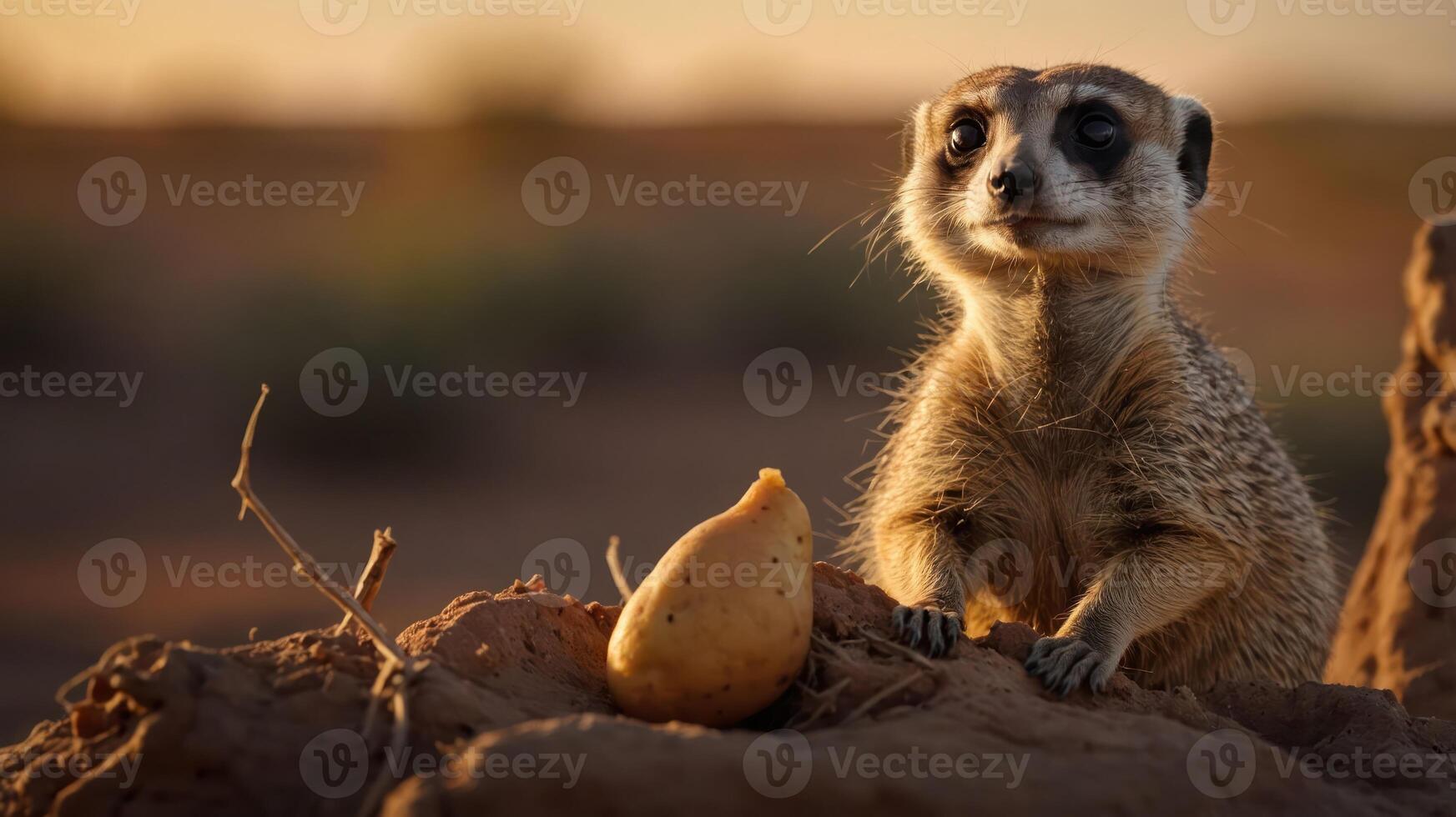 A meerkat curiously gazes at a small object in a desert landscape during sunset. photo