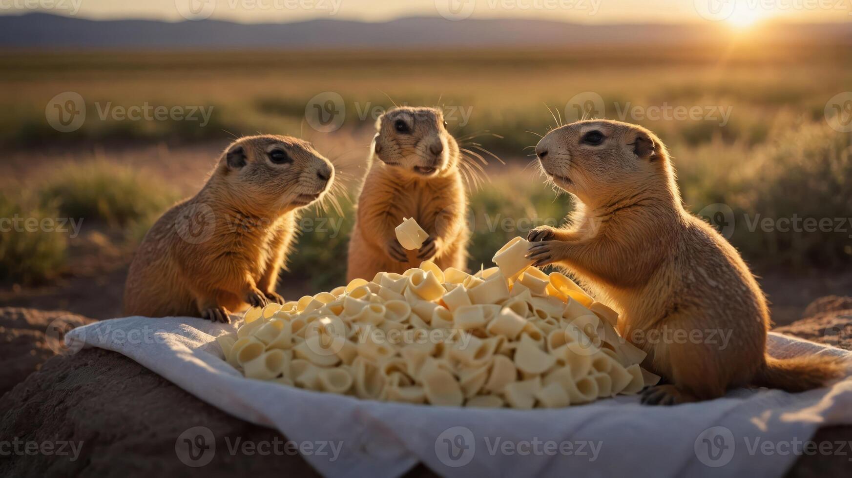 Three prairie dogs gather around a pile of pasta in a scenic outdoor setting at sunset. photo
