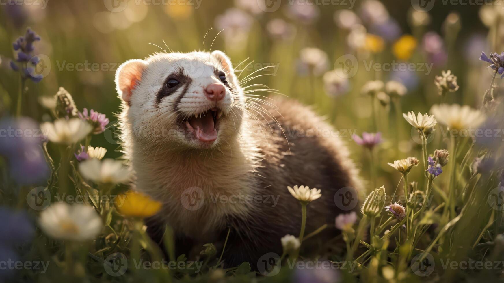 A playful ferret among colorful wildflowers in a sunny meadow. photo