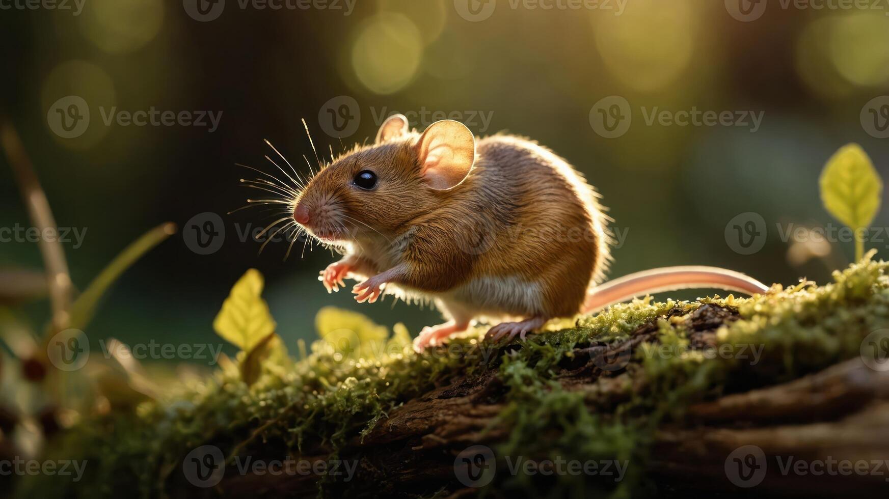 A close-up of a small mouse on a mossy log, illuminated by soft sunlight. photo