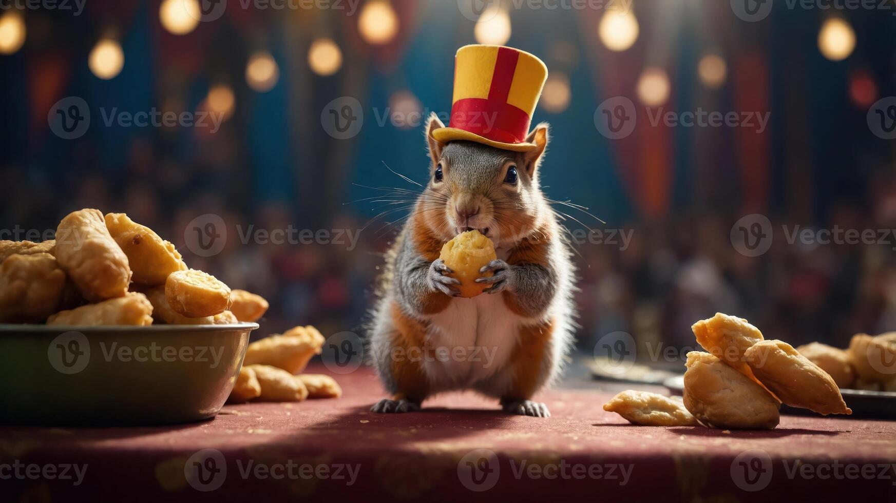 A whimsical squirrel in a top hat holds a snack, surrounded by food in a festive setting. photo