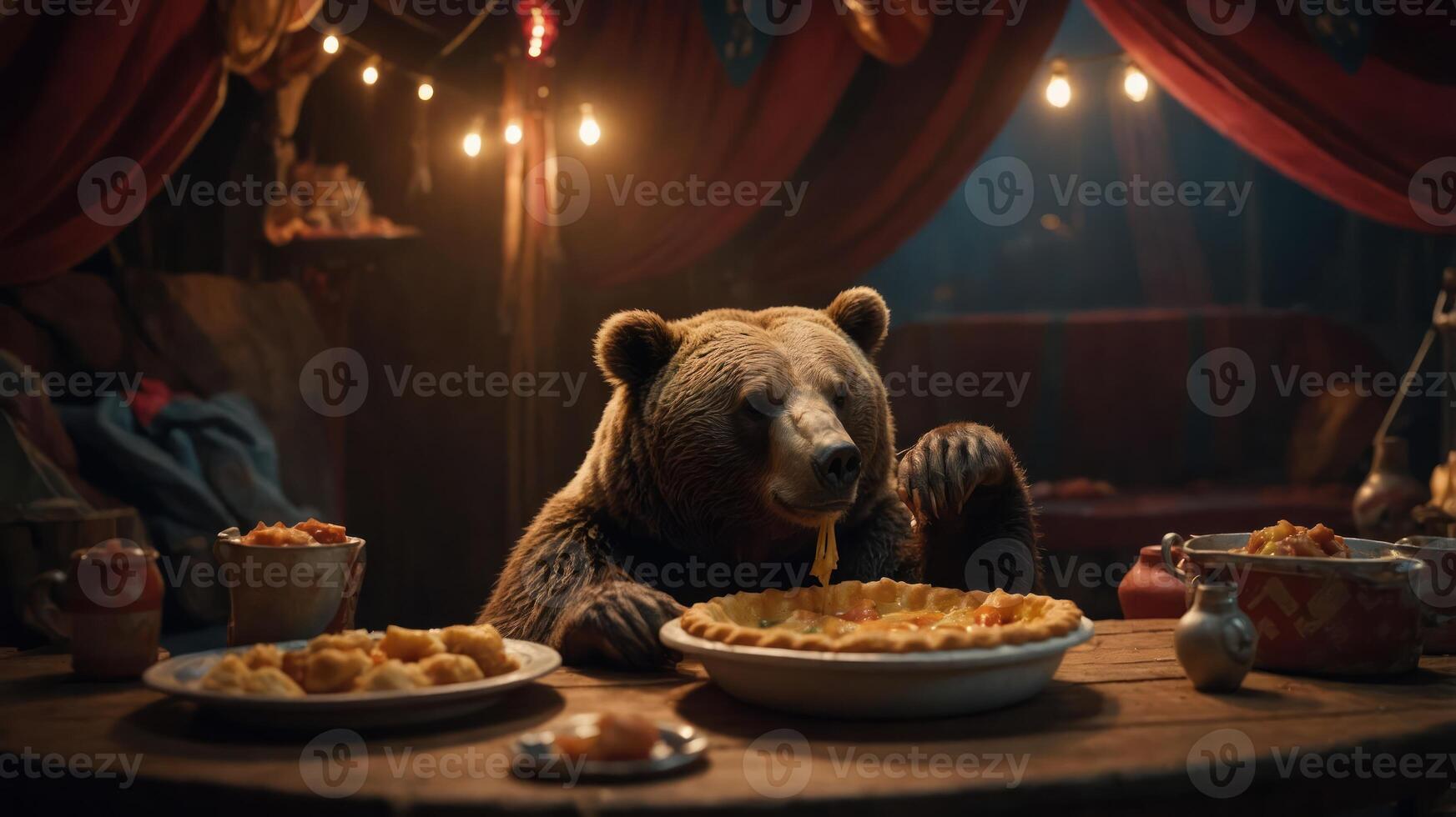 A bear enjoying a feast at a rustic table, surrounded by warm lighting and cozy decor. photo