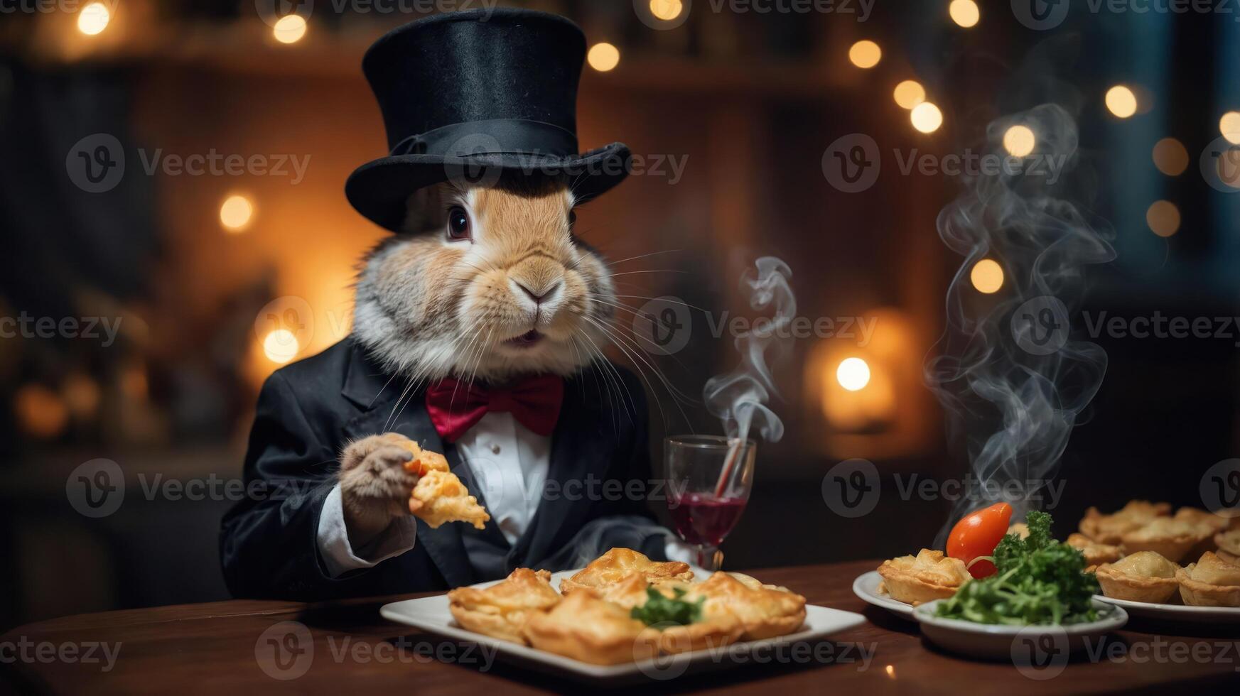 A rabbit in a tuxedo enjoys a fancy meal with wine, creating a whimsical dining scene. photo