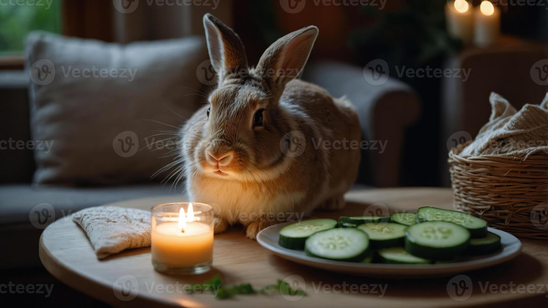 A rabbit sits beside a candle and a plate of cucumber slices on a cozy table. photo