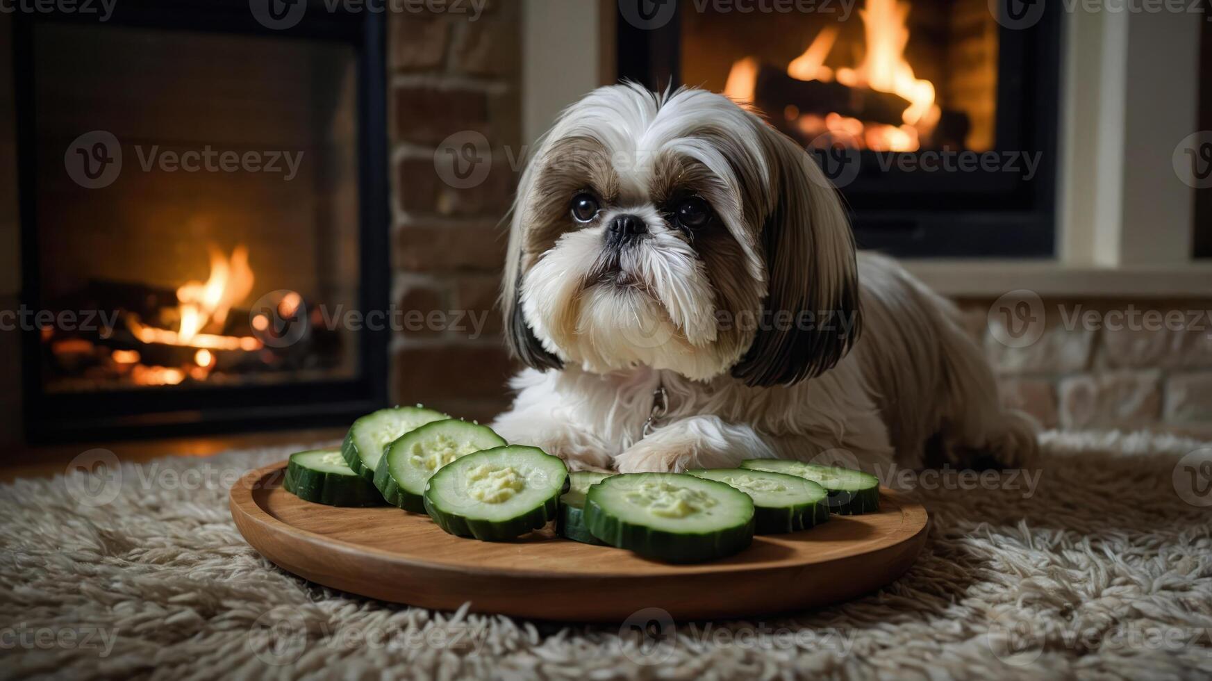 A Shih Tzu lays beside a plate of cucumber slices in a cozy, warm setting. photo