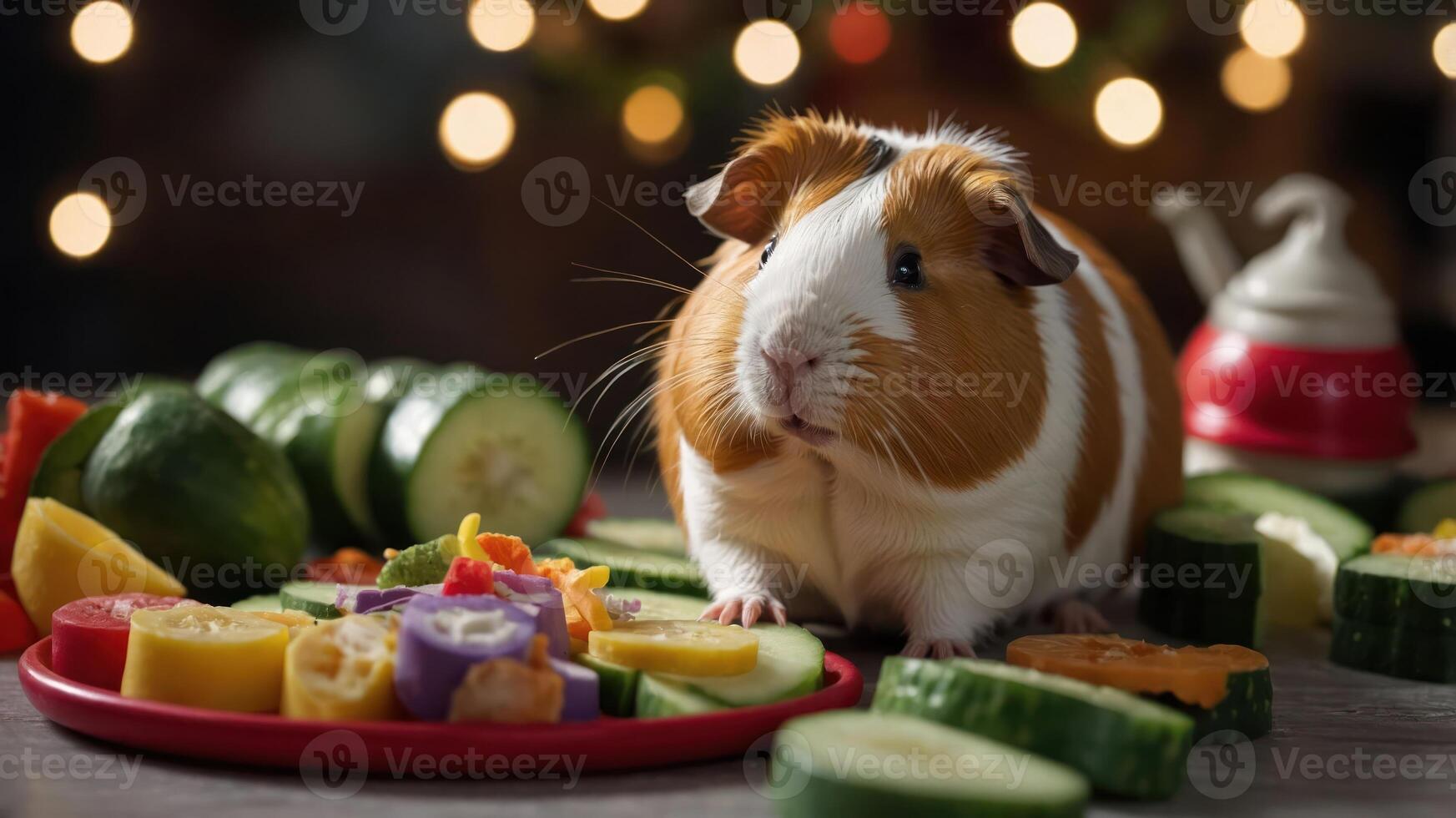 A guinea pig sits beside a colorful assortment of fresh vegetables on a plate. photo