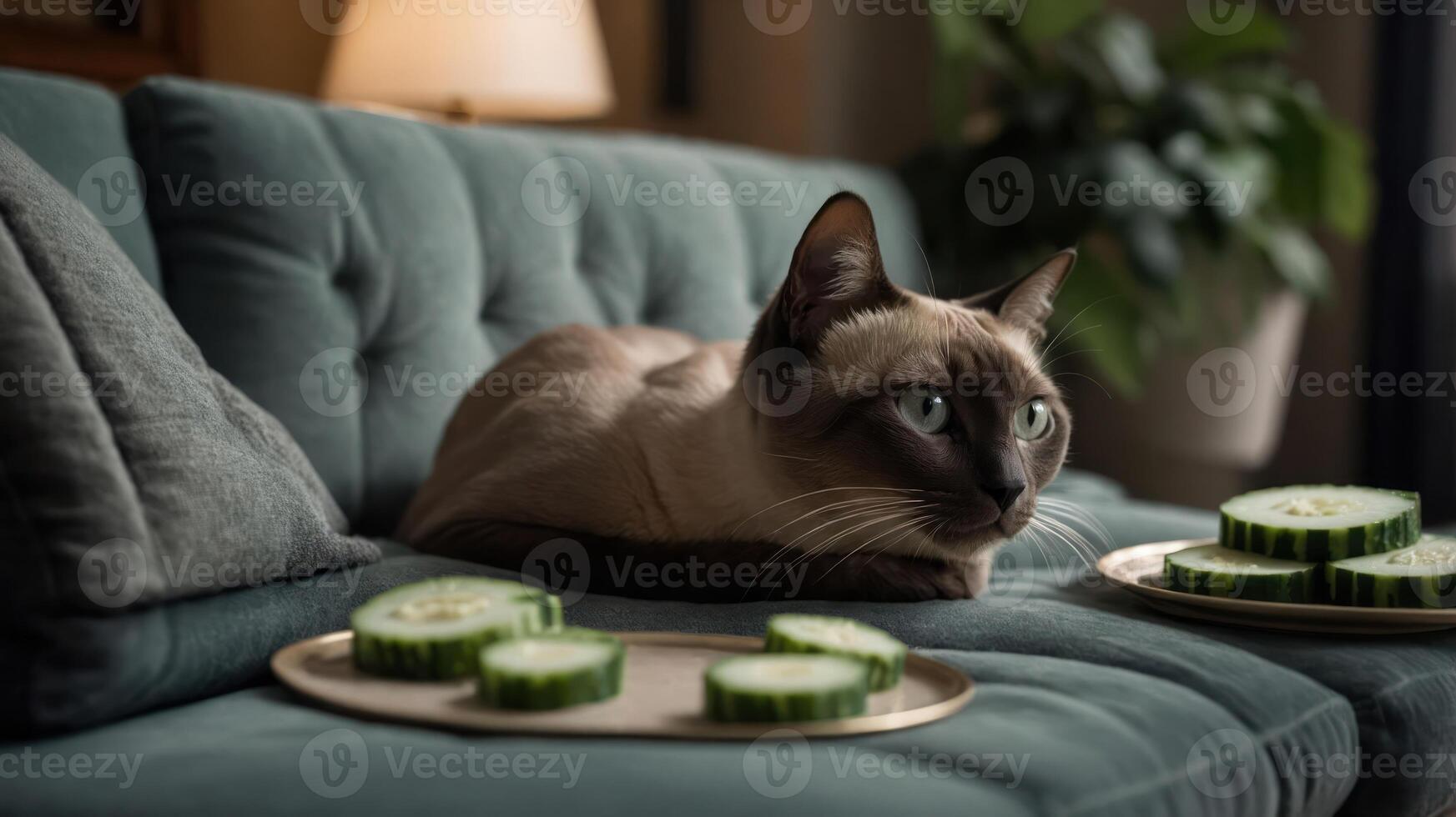 A relaxed cat lounges on a couch surrounded by cucumber slices on plates. photo