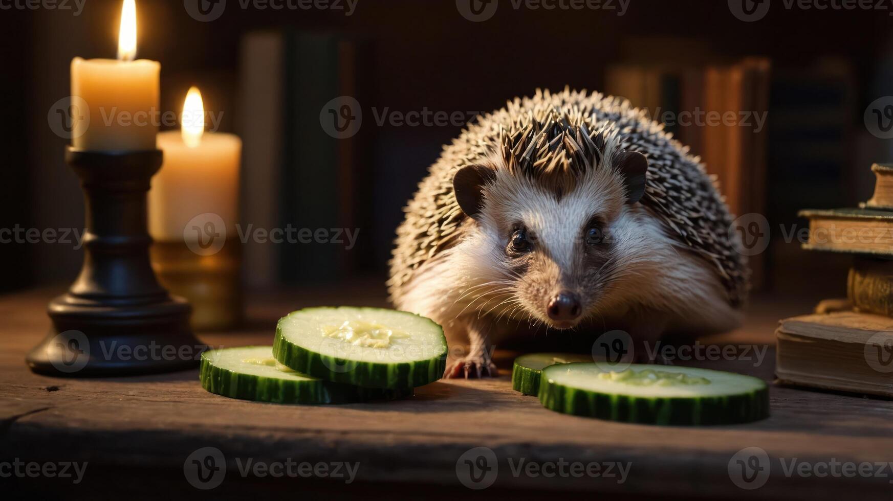 A hedgehog sits among sliced cucumbers, illuminated by candlelight in a cozy setting. photo
