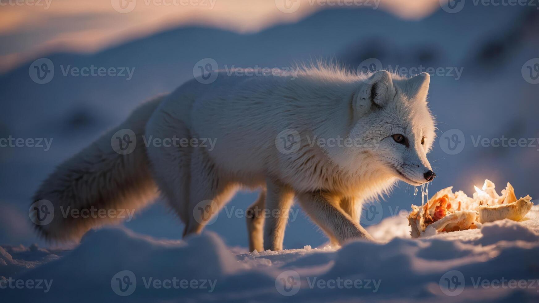 An Arctic fox scavenges a bone in a snowy landscape at dusk. photo