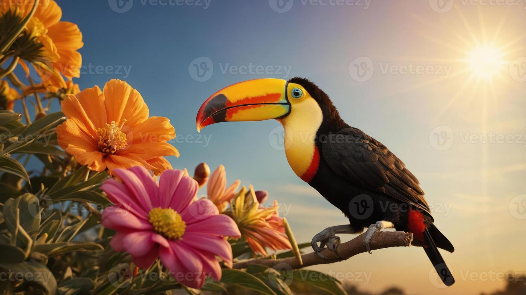 A vibrant toucan perched on a branch surrounded by colorful flowers under a bright sky. photo