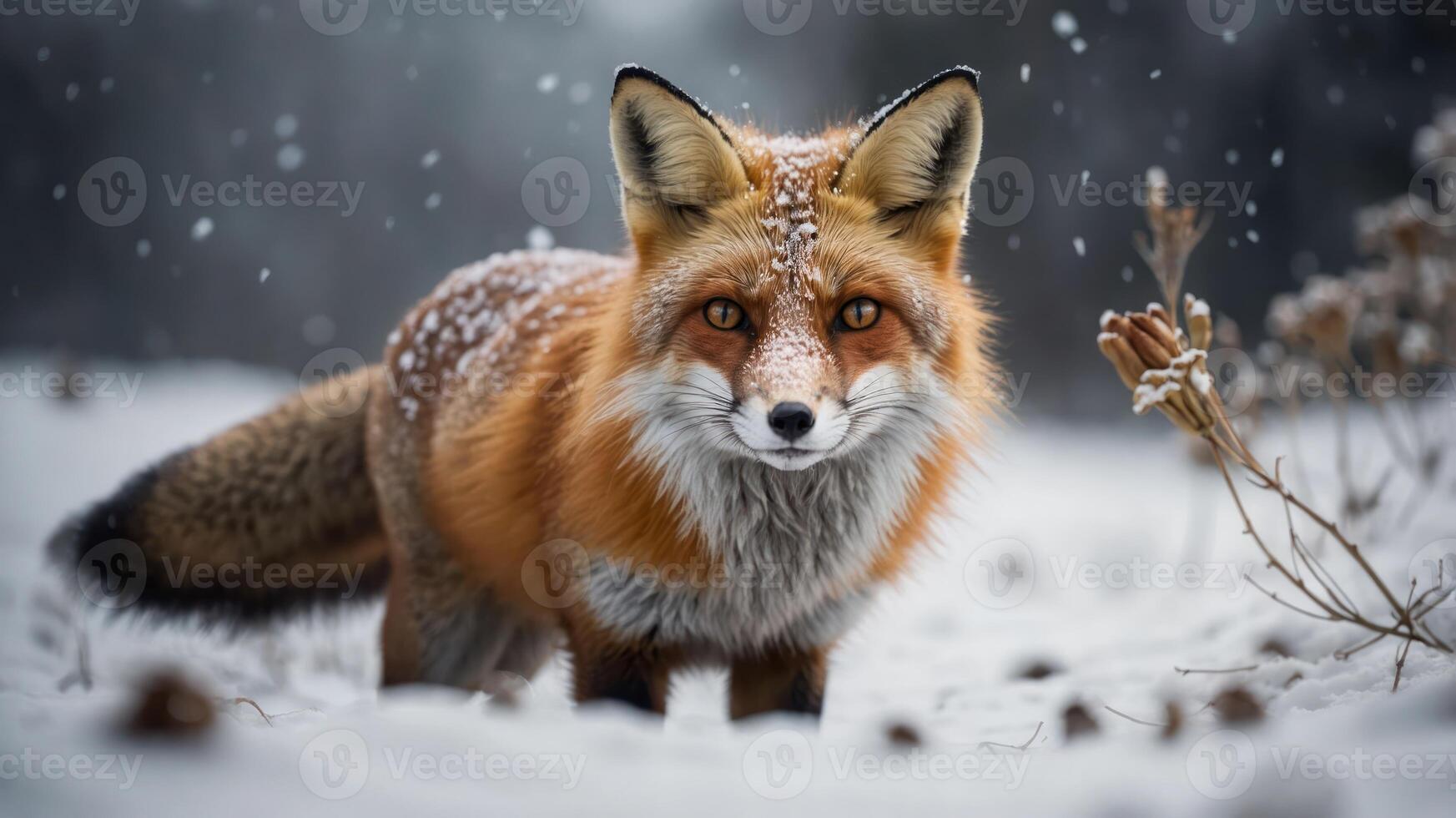 A close-up of a fox in a snowy landscape, showcasing its vibrant fur and expressive eyes. photo