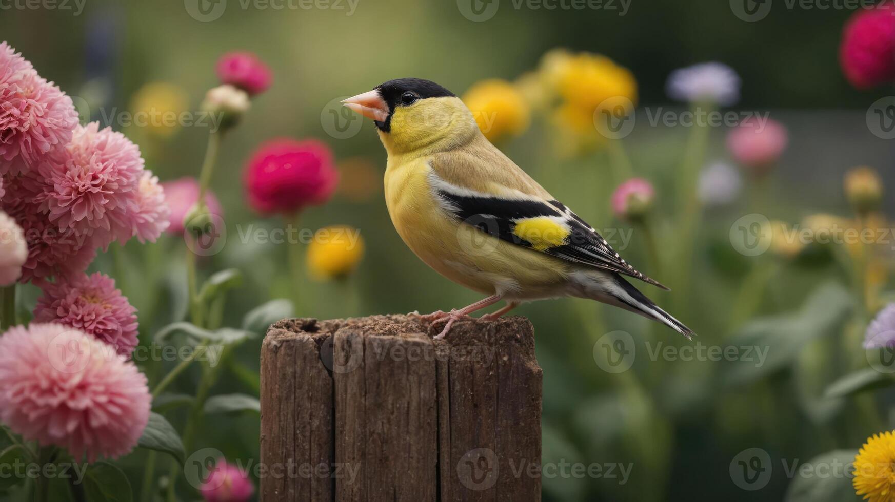 A vibrant yellow bird perched on a wooden post amidst colorful flowers in a garden. photo