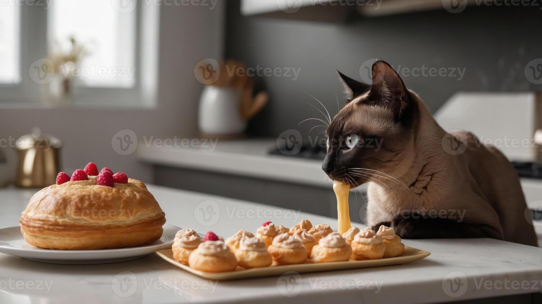 A Siamese cat curiously observes a dessert spread on a kitchen counter. photo