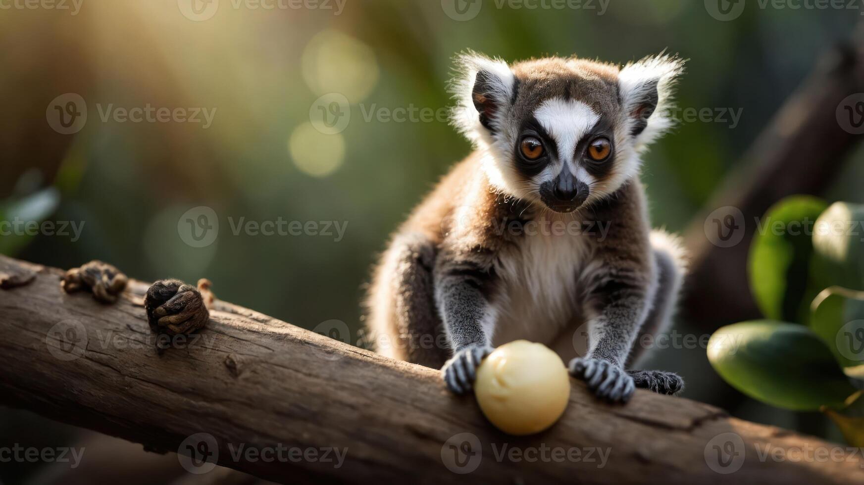 A playful lemur sits on a branch, curiously holding a small fruit. photo