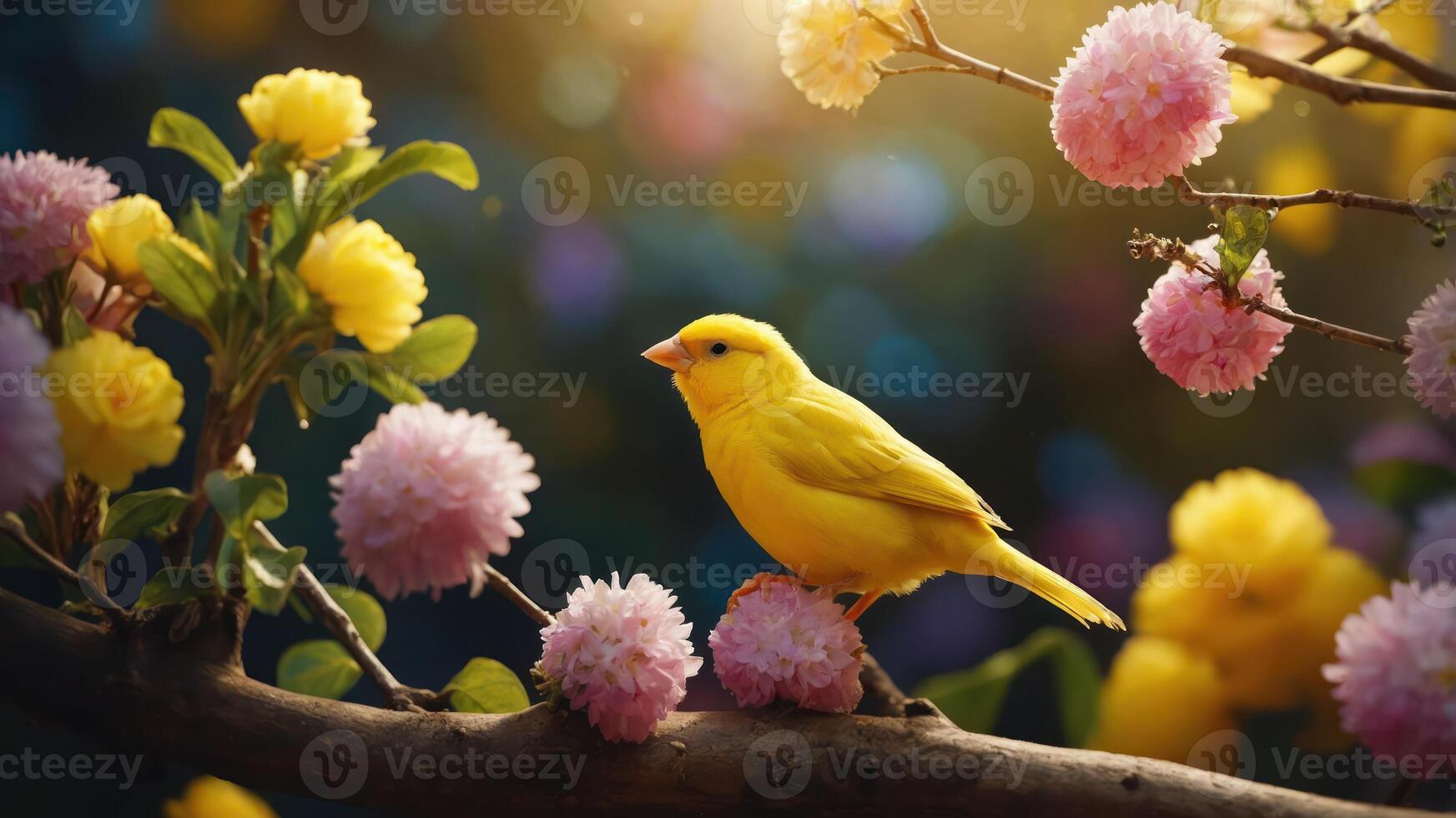 A vibrant yellow bird perched on a branch surrounded by colorful flowers in a serene setting. photo
