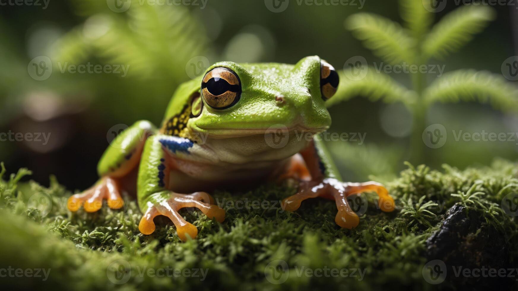 A close-up of a vibrant green frog resting on moss in a lush environment. photo