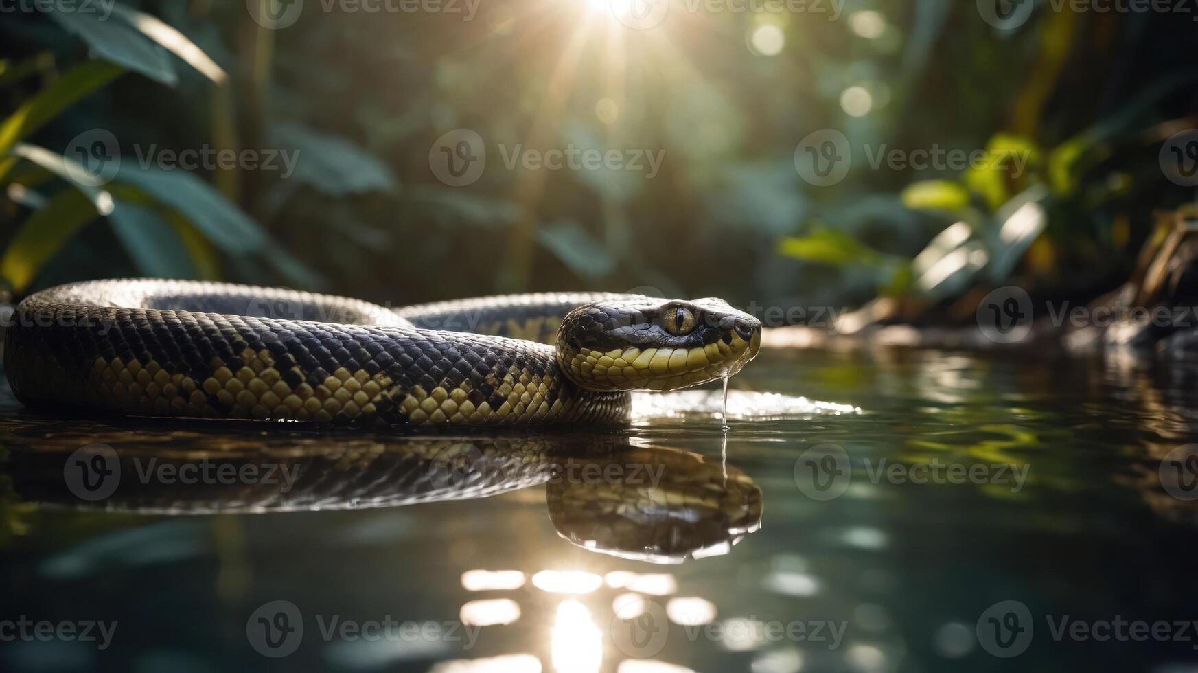 A close-up of a snake in a serene, sunlit jungle setting, reflecting in the water. photo