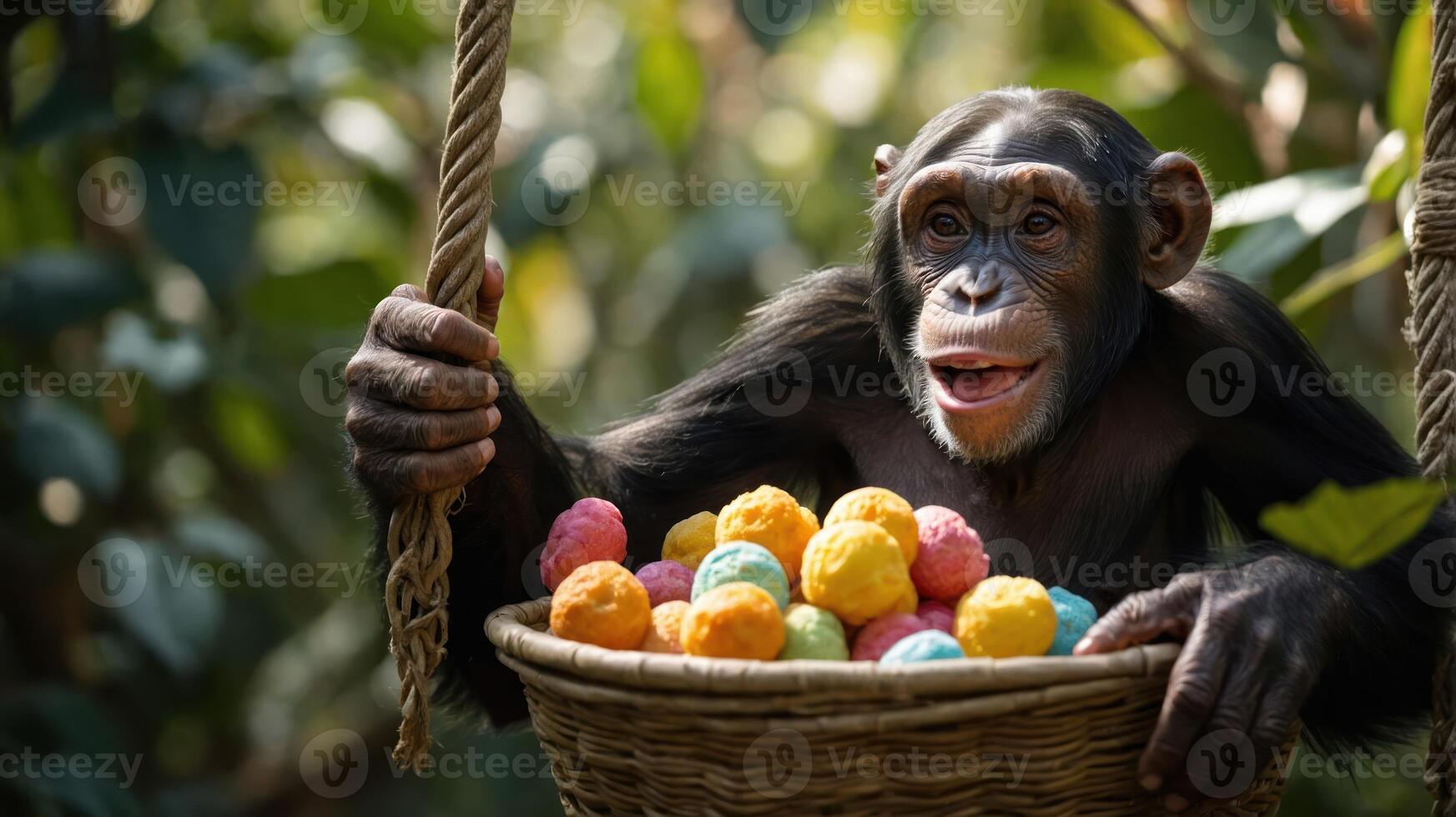 A chimpanzee joyfully holds a basket of colorful balls in a lush green environment. photo