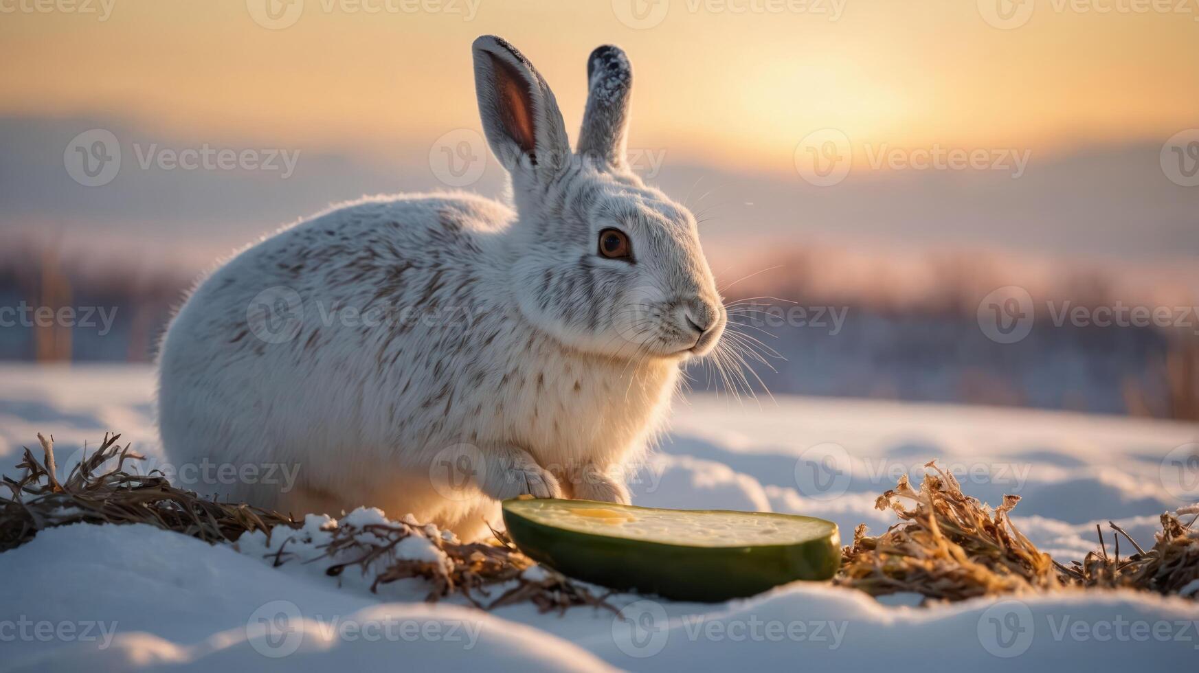 A rabbit sitting in the snow next to a slice of cucumber during sunset. photo