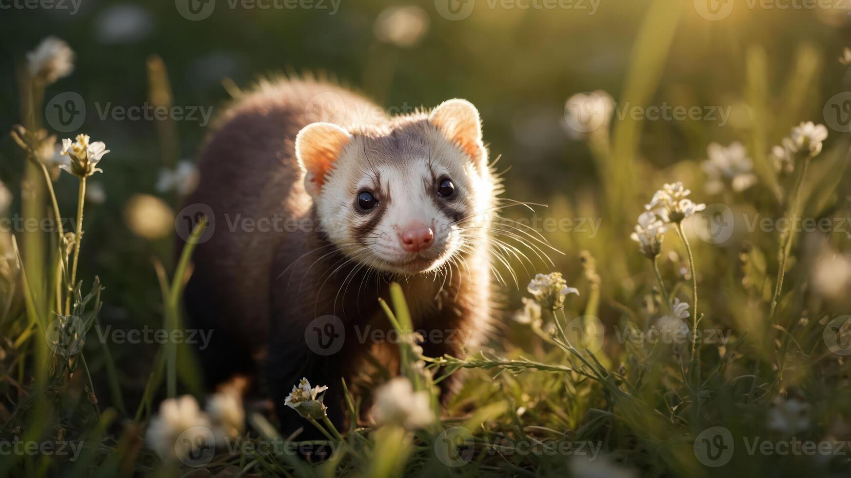 A close-up of a ferret amidst flowers in a grassy field, capturing its playful expression. photo