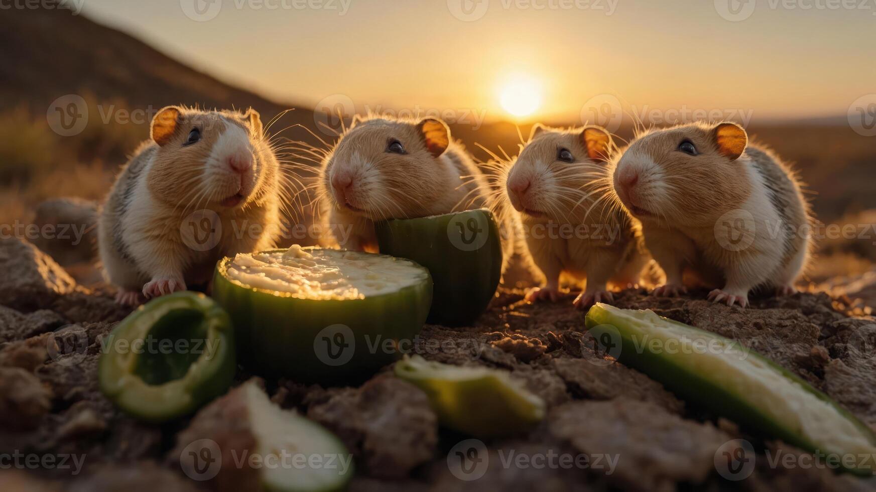 Four adorable guinea pigs enjoying fresh cucumbers at sunset in a natural setting. photo