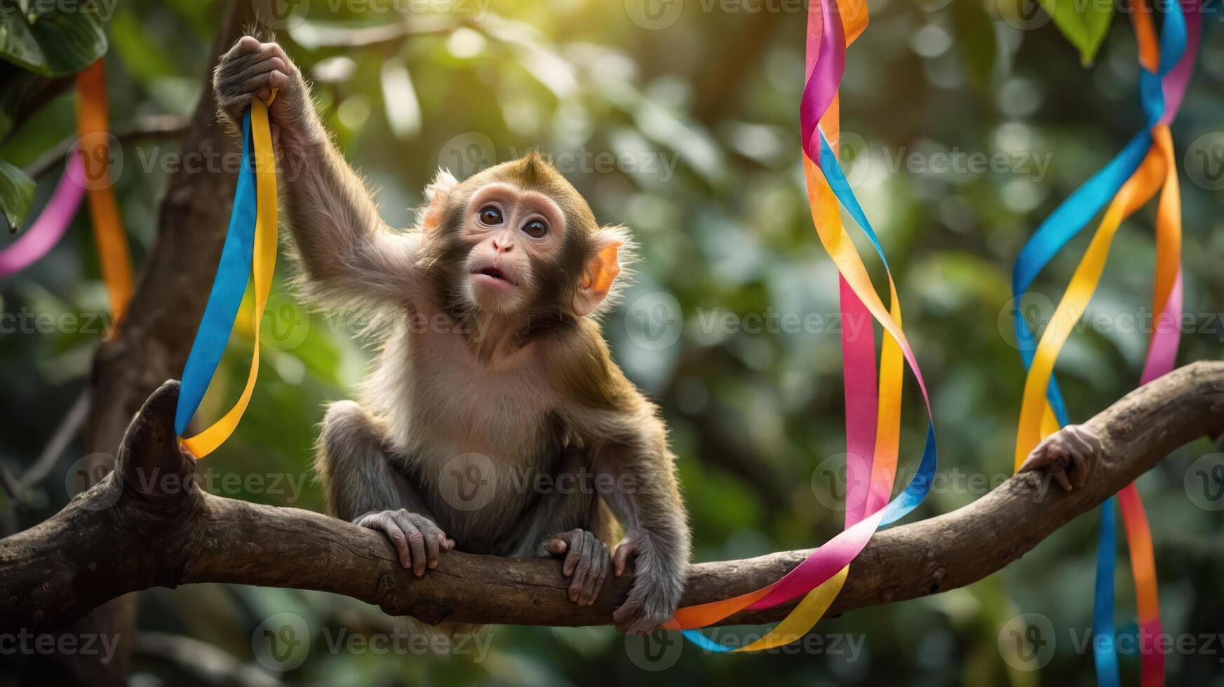 A playful monkey holding colorful ribbons on a branch in a lush environment. photo