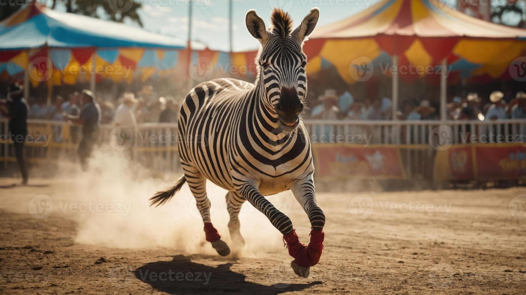 A zebra runs through a dusty circus arena, showcasing its unique stripes and playful spirit. photo