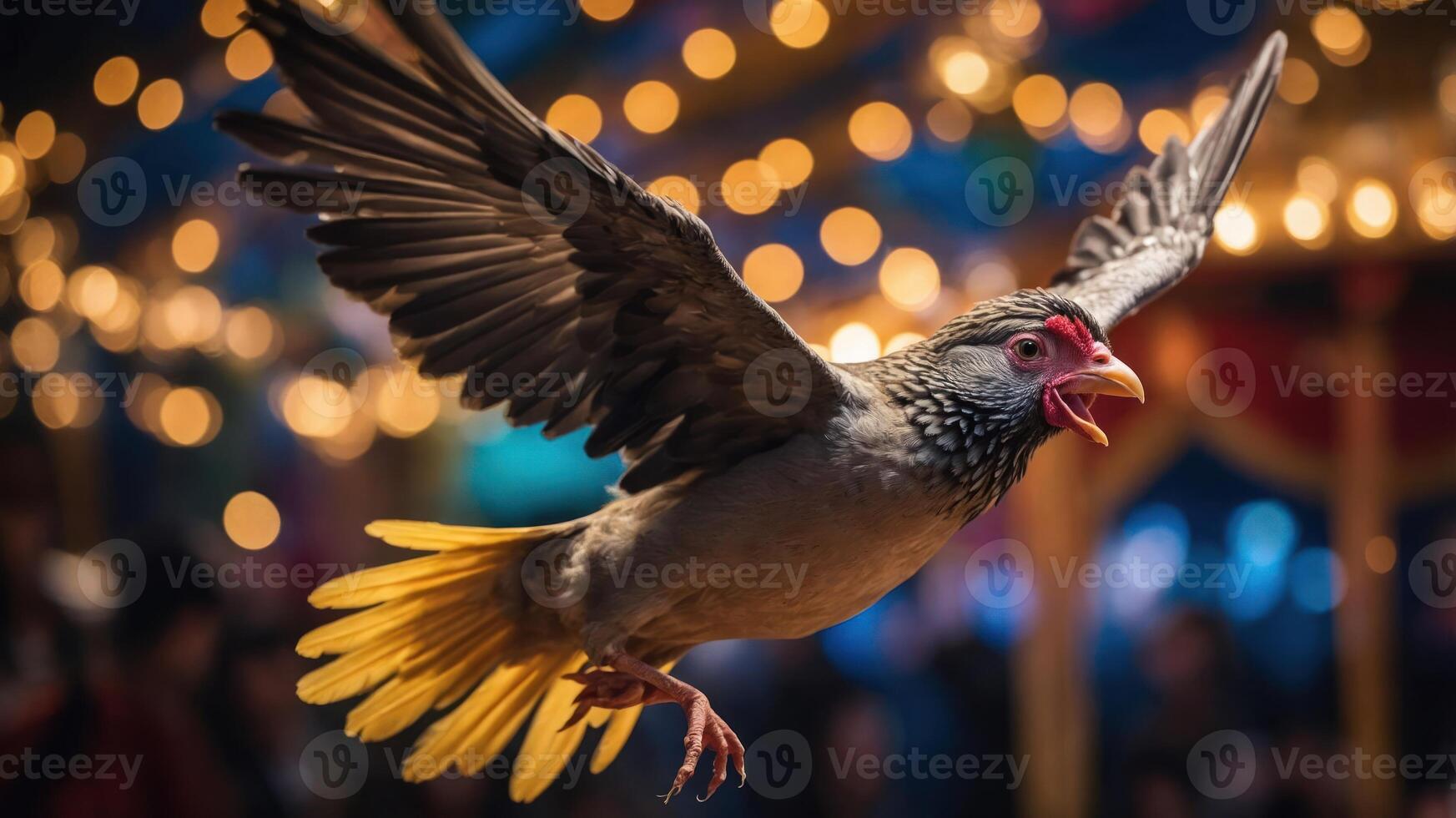 A bird in mid-flight with vibrant feathers, set against a backdrop of colorful lights. photo