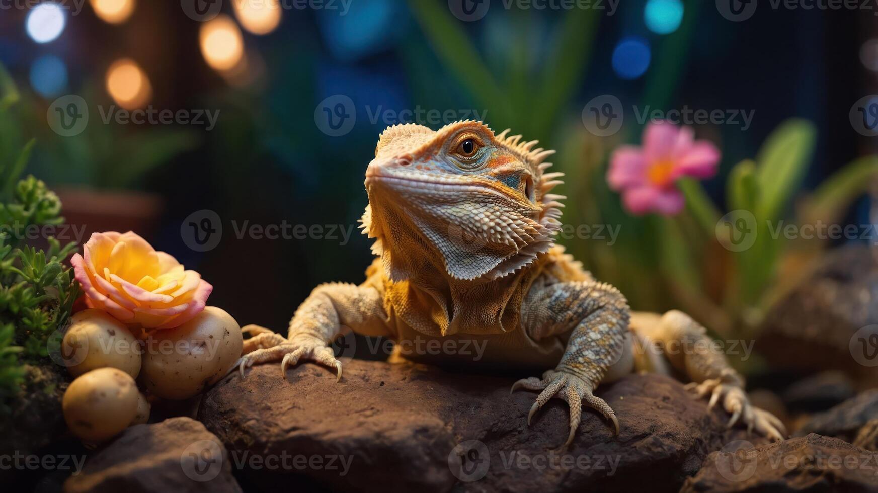 A bearded dragon resting on rocks surrounded by plants and flowers in a serene setting. photo
