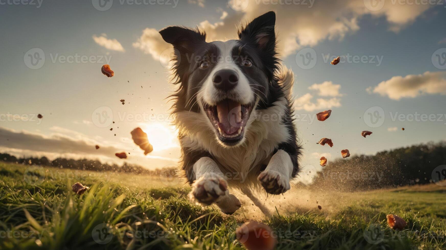 A joyful dog running through a field at sunset, capturing the essence of playfulness. photo