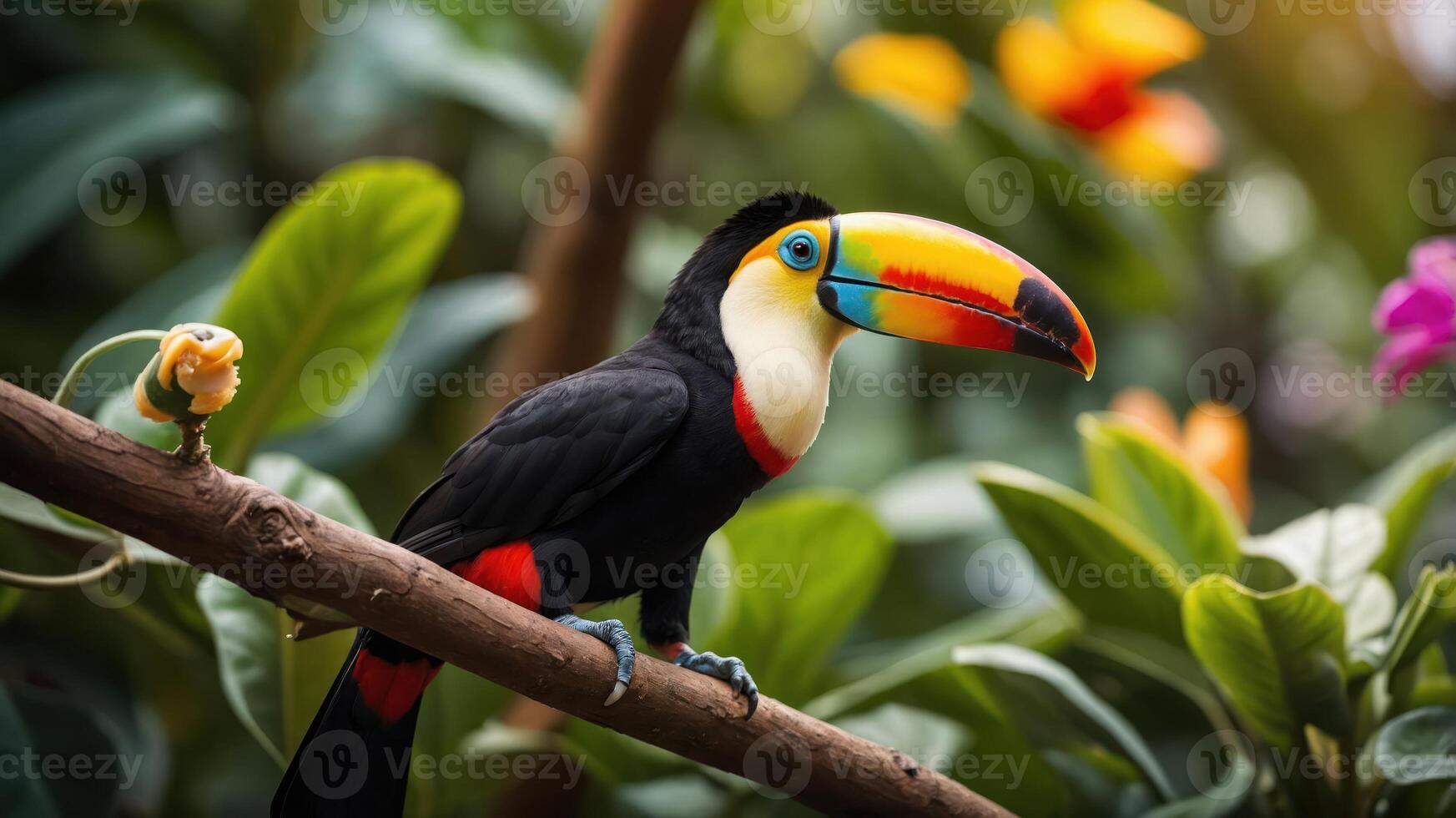 A vibrant toucan perched on a branch amidst lush tropical foliage. photo