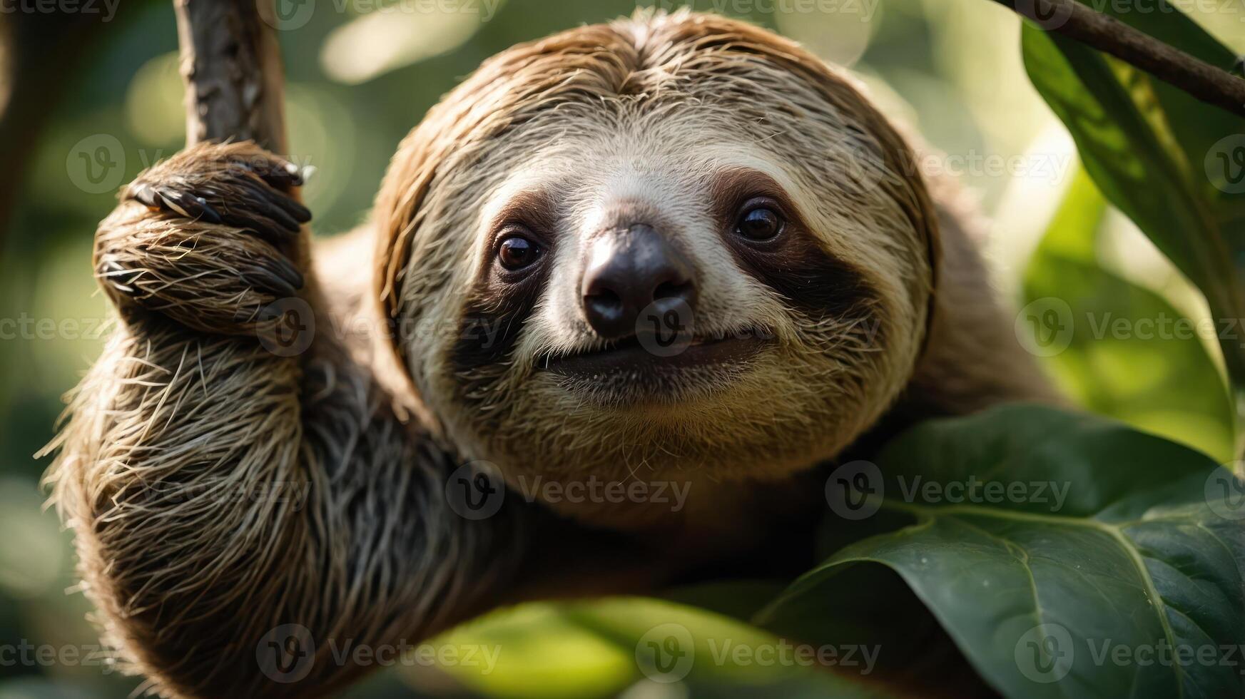 A close-up of a sloth hanging on a branch among lush green leaves. photo
