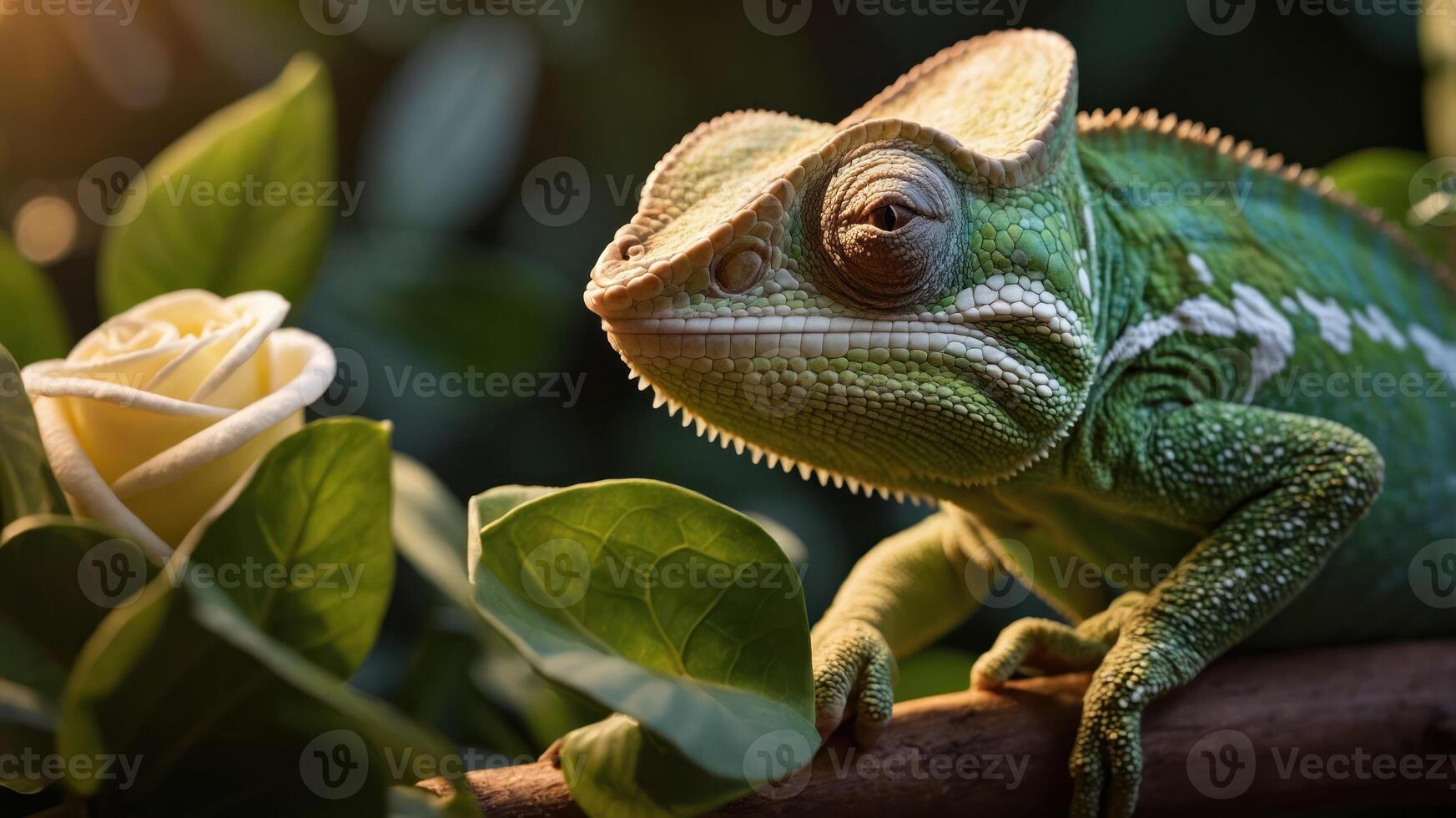 A close-up of a green chameleon beside a white rose, set against lush foliage. photo