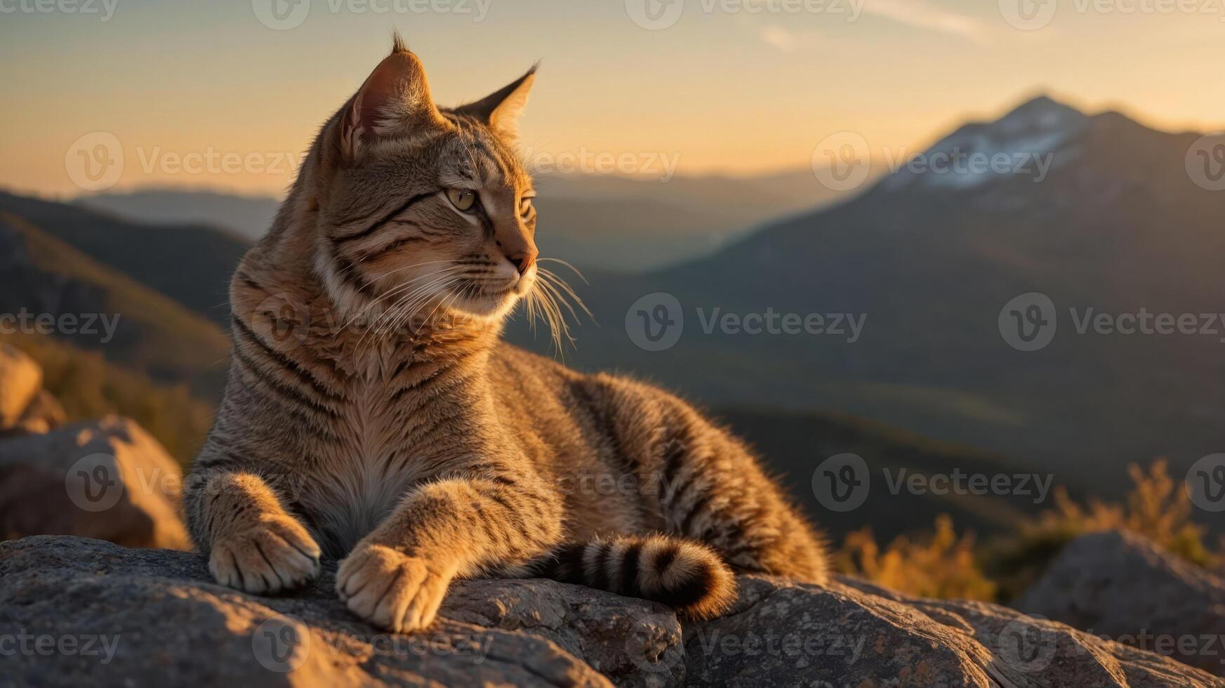 A bobcat rests on a rock, gazing at a scenic mountain landscape during sunset. photo