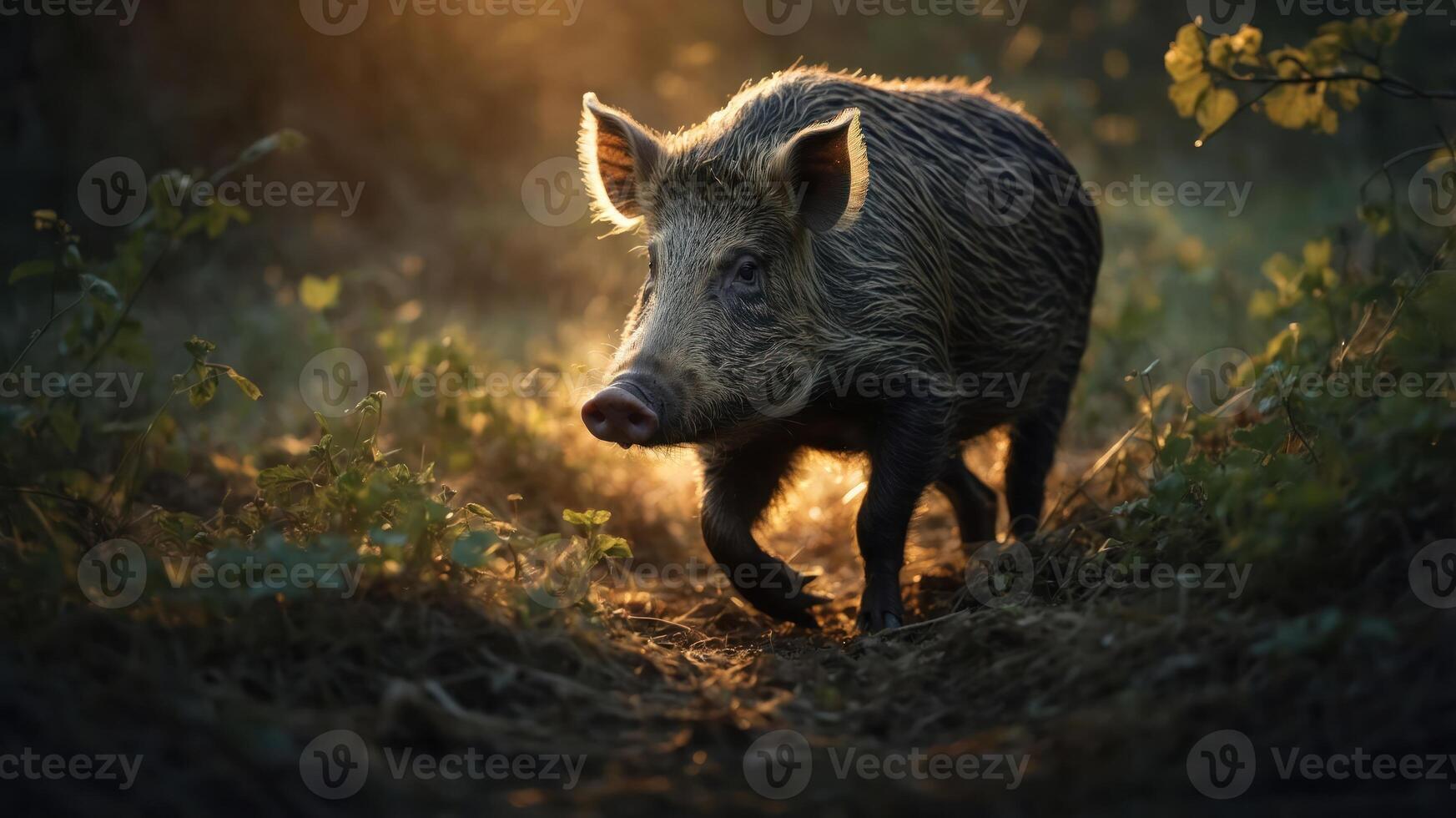 A wild boar walks through a sunlit forest path, showcasing its natural habitat. photo