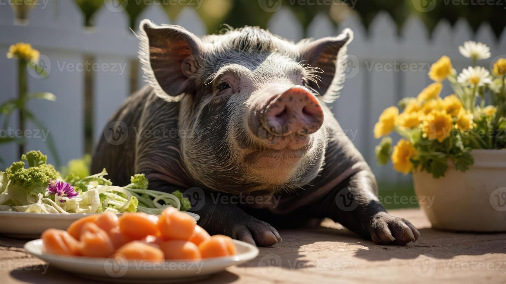 A relaxed pig enjoying a meal of vegetables in a sunny outdoor setting. photo