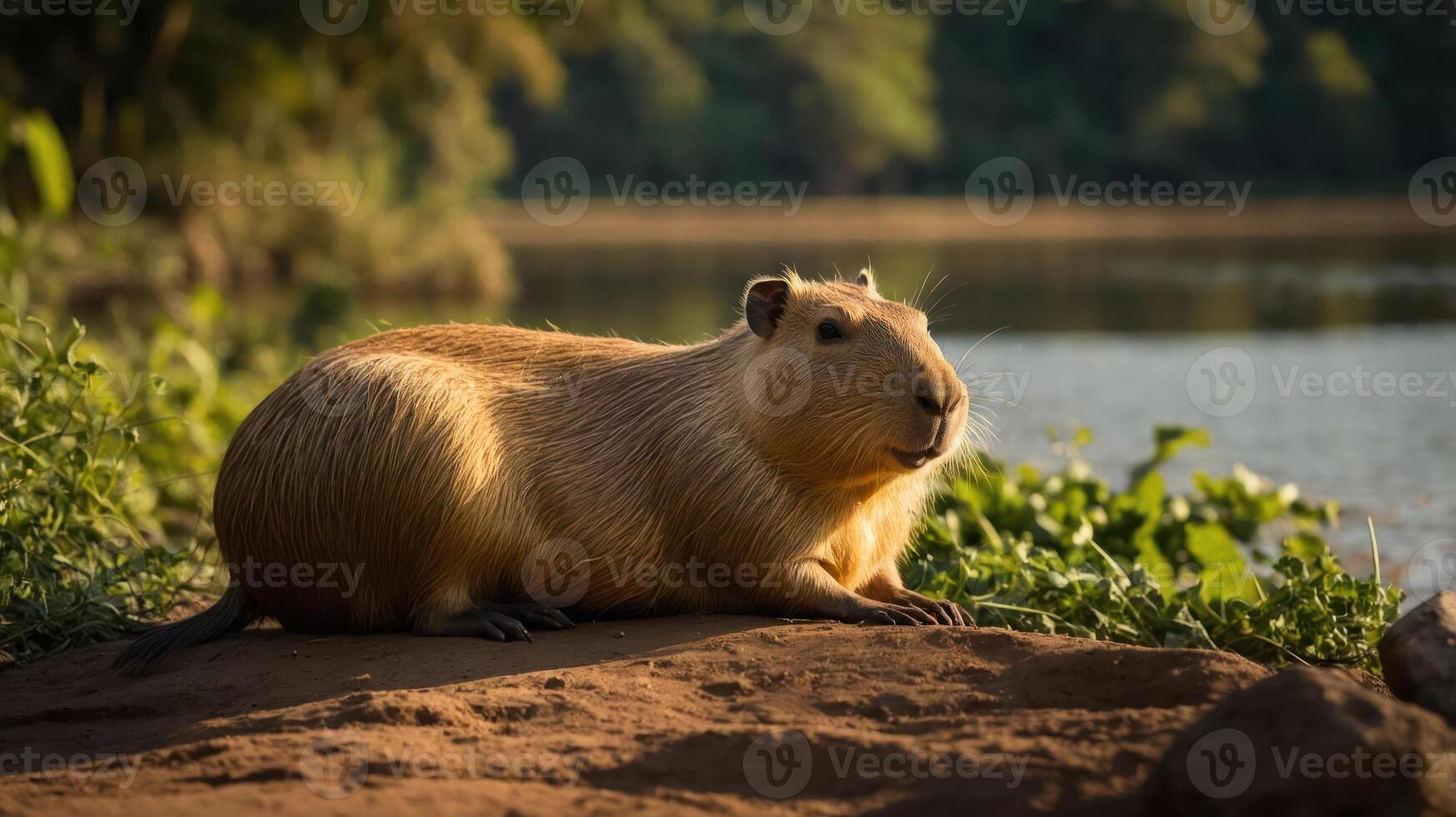 A capybara resting by the water's edge in a serene natural setting. photo