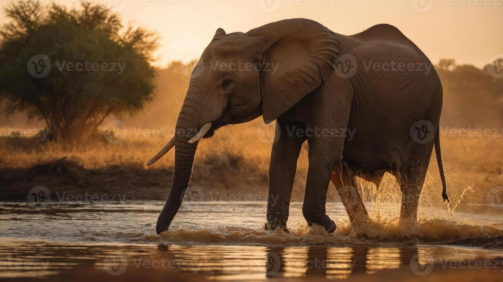 An elephant wades through water during sunset, creating a serene wildlife scene. photo