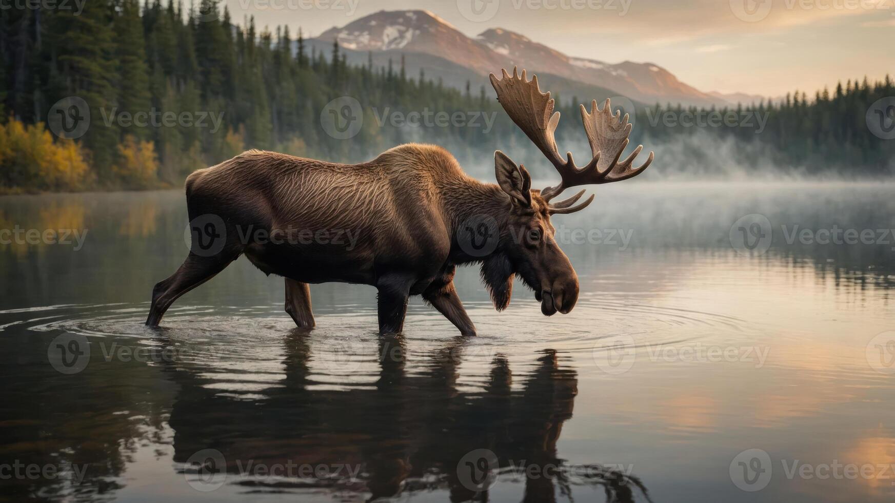 A moose wades through a serene lake surrounded by mountains and trees at sunset. photo