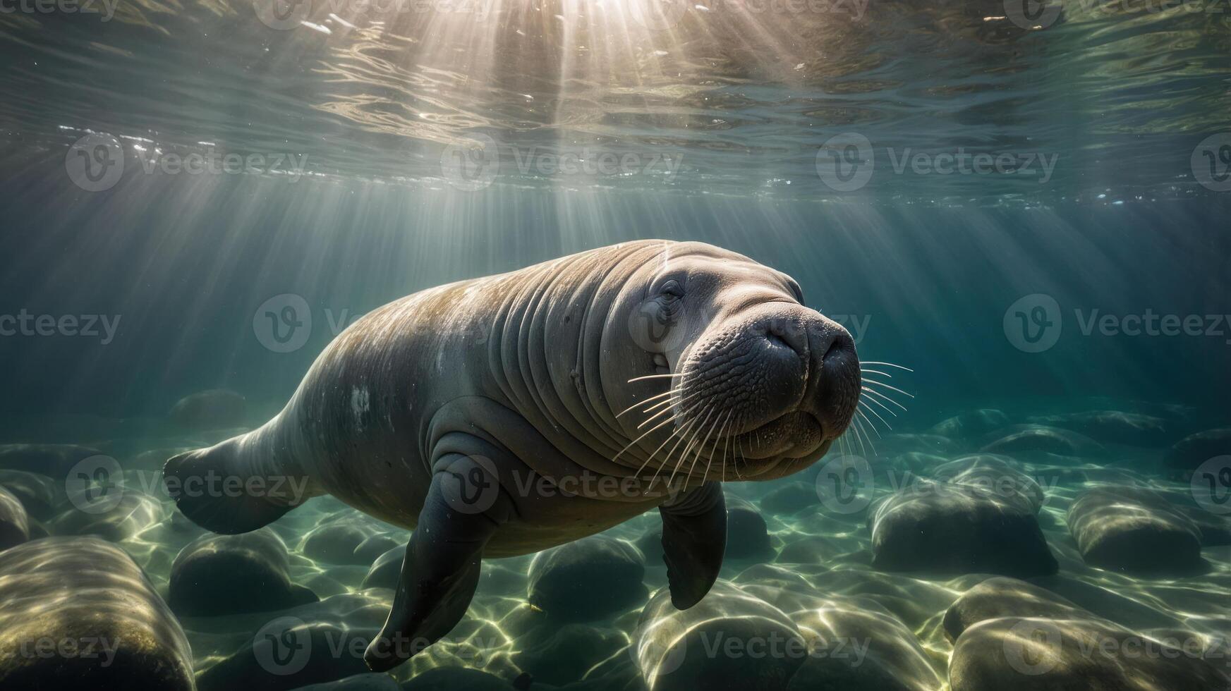 A serene underwater scene featuring a manatee swimming among rocks with sunbeams above. photo
