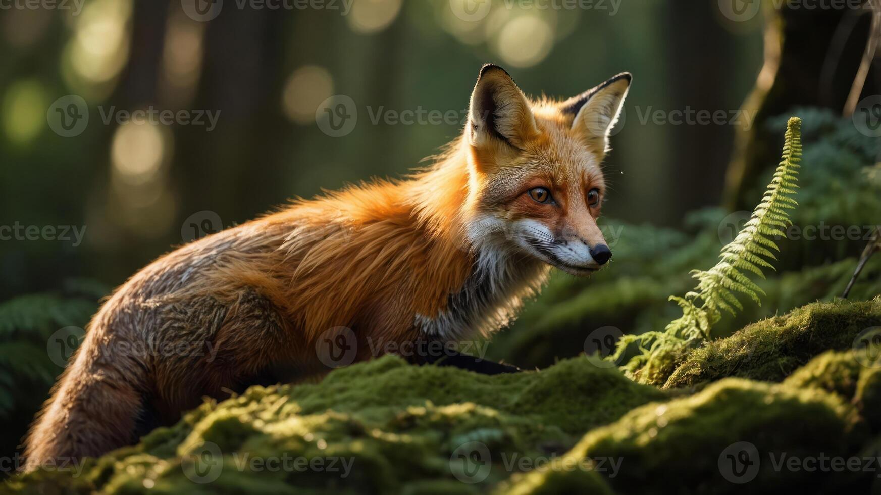 A fox in a forest setting, surrounded by moss and ferns, capturing a serene moment in nature. photo
