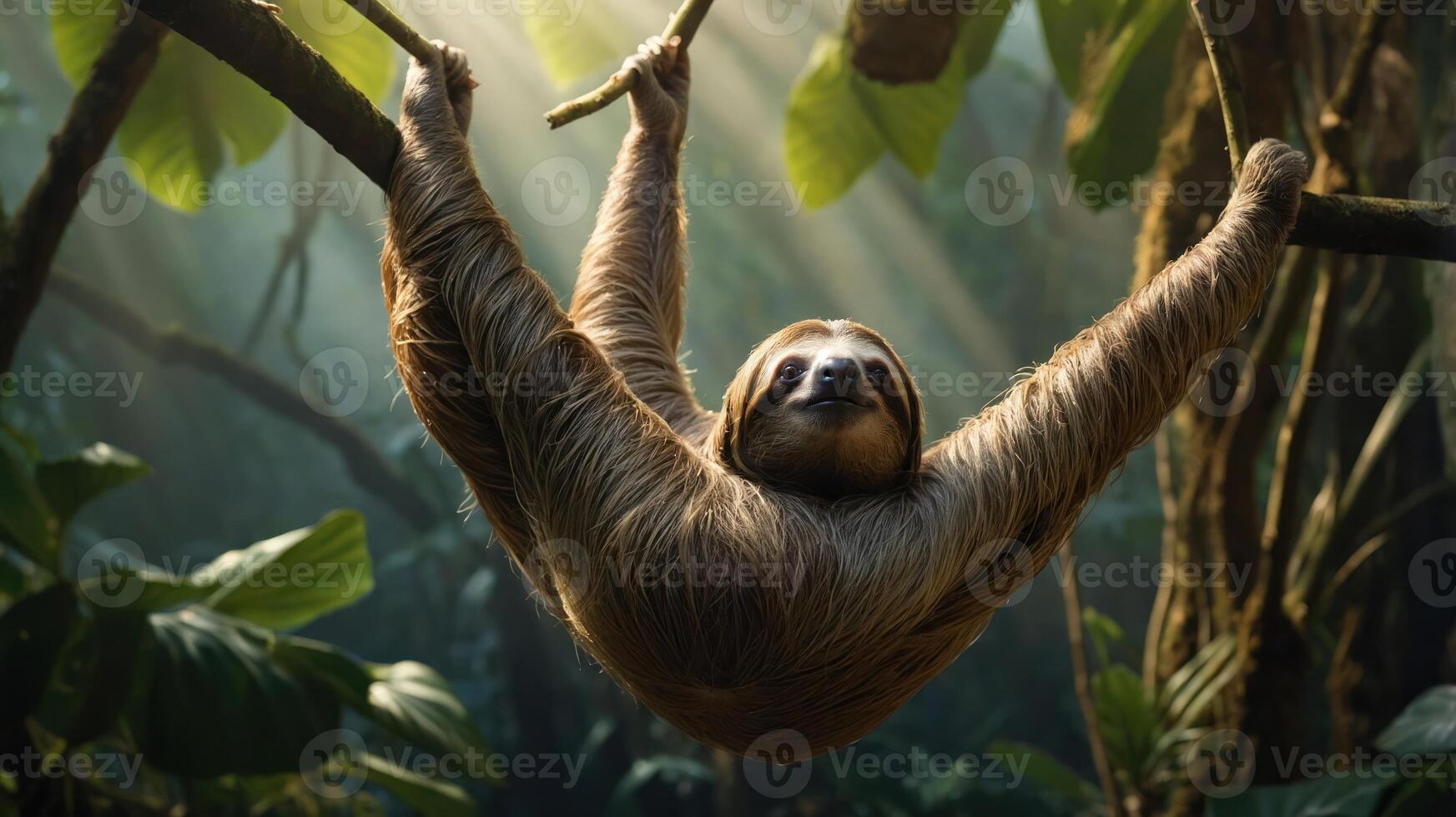 A sloth hangs from a tree in a lush, green jungle, illuminated by soft sunlight. photo