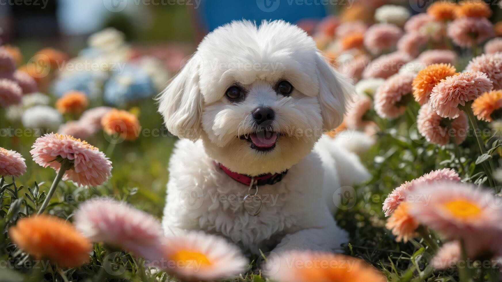 A fluffy white dog happily lying among colorful flowers in a vibrant garden setting. photo